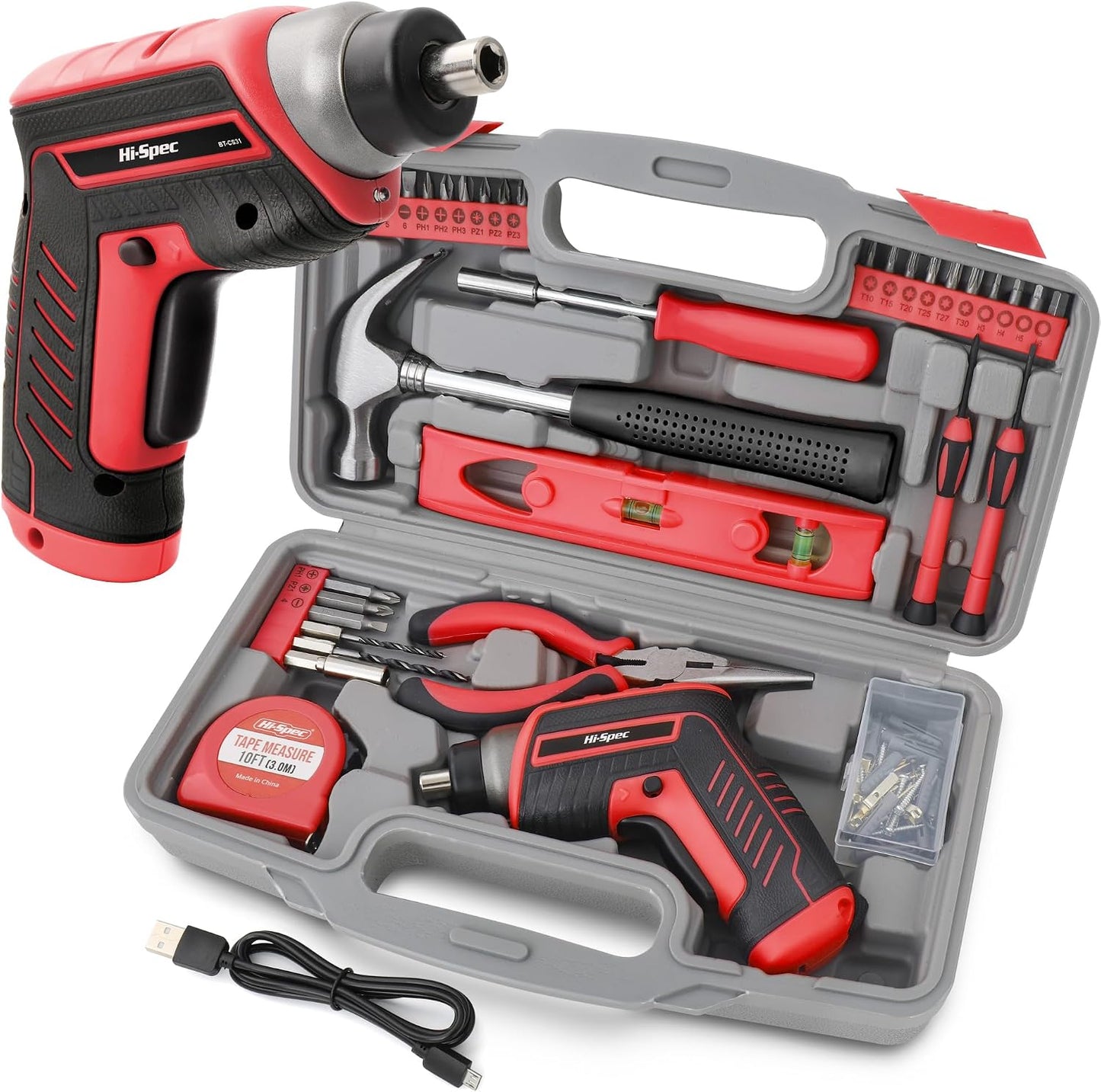 Hi-Spec 3.6V USB Electric Screwdriver for Home Repairs and Assembly, Red | 35pc, fast assembly help, common screw bit selection, LED visibility, compact grip, quick household fixes, organized storage