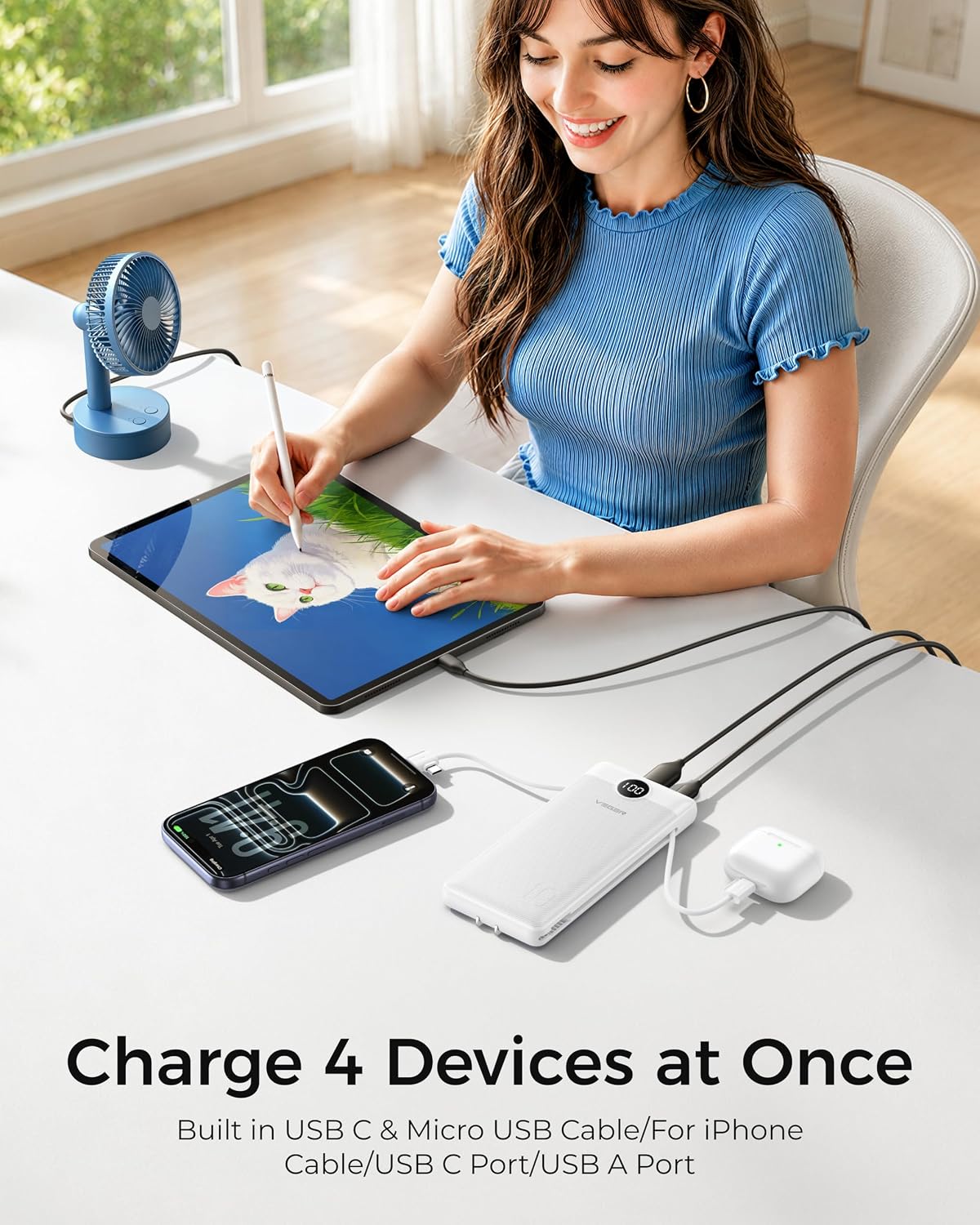 VEGER Portable Charger for iPhone, Power Bank Built in Cable and Wall Plug | 10000mAh,Ultra Slim&Compact,5 Outputs,LED Display,Flight-Safe,Travel Essentials Battery Pack for iPhone 17,iPad, Samsung,etc
