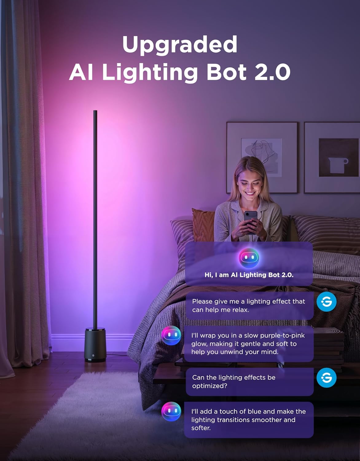 Govee Floor Lamp 3 Lite, Smart RGBIC LED Corner Lamp for Living Room | Compatible with Alexa, SmartThings, Matter, 1400lm Dimmable Color Changing Tall Standing Light with Music Sync for Bedroom