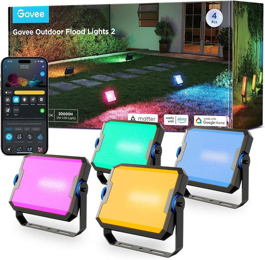 Govee Outdoor Flood Lights 2, RGBIC IP66, Wired 4 Pack | 50 Scene Modes,App Control,RGBIC Warm Cold White lights,Compatible with Alexa,Google Home,and Matter, Landscape Lighting