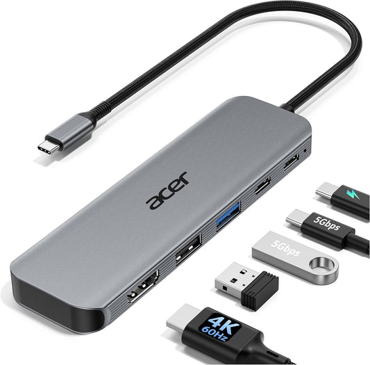 Acer USB C Hub, 5-in-1 USBC to HDMI Adapter with 4K@60Hz for Laptop/Mac | USBC Splitter Docking Station with HDMI 2.0, 100W PD, USB-C, USB-A 3.0 & USB-A 2.0 Data Ports for iPad Pro, iPhone 17 Pro Max