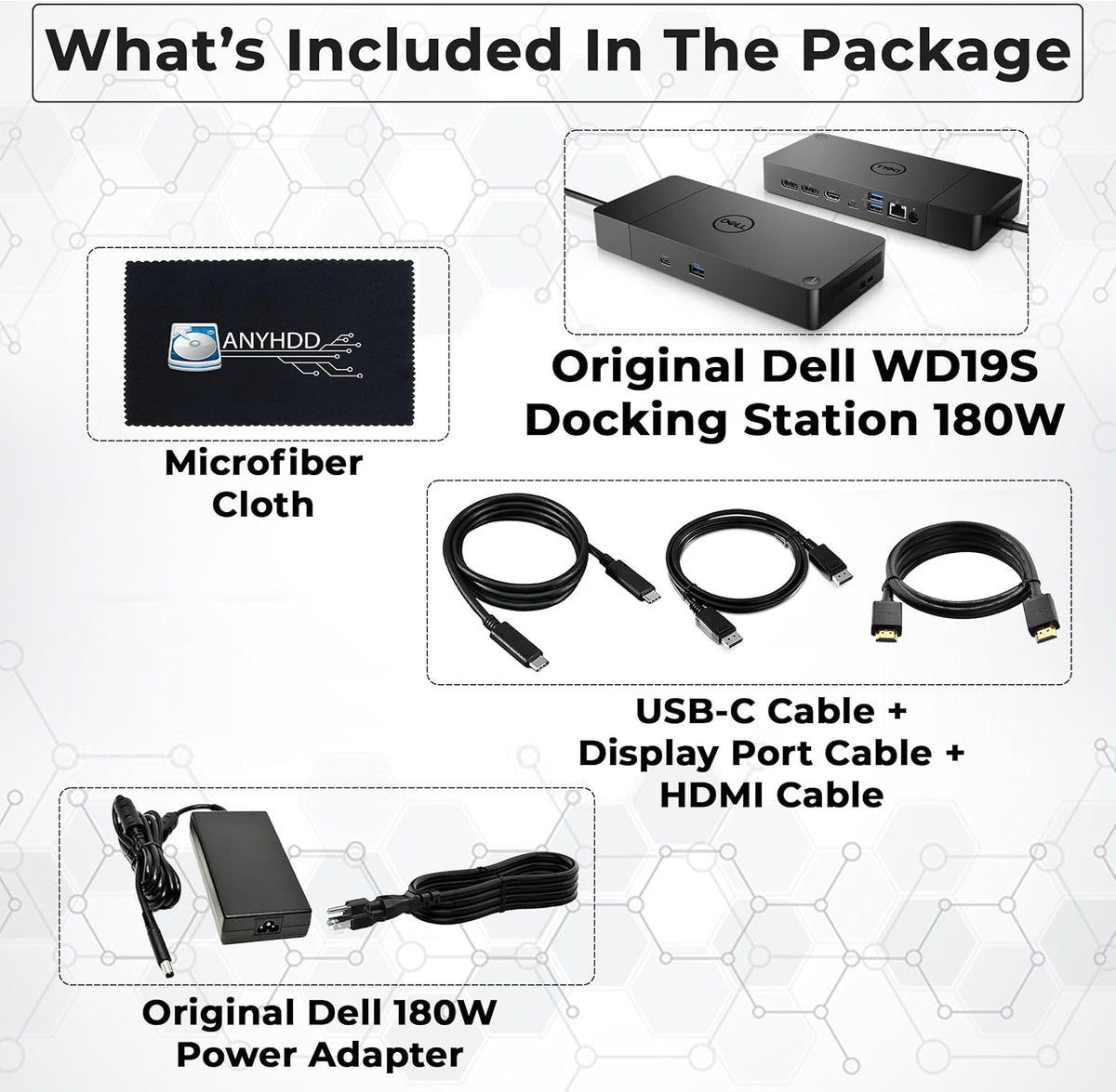 Dell WD19S Docking Station 180W (130W Power Delivery) - Dell Docking Station Dual Monitor, Dock Station with 180W Power Supply + HDMI Cable + DP Cable + USB-C Cable + Microfiber Cloth