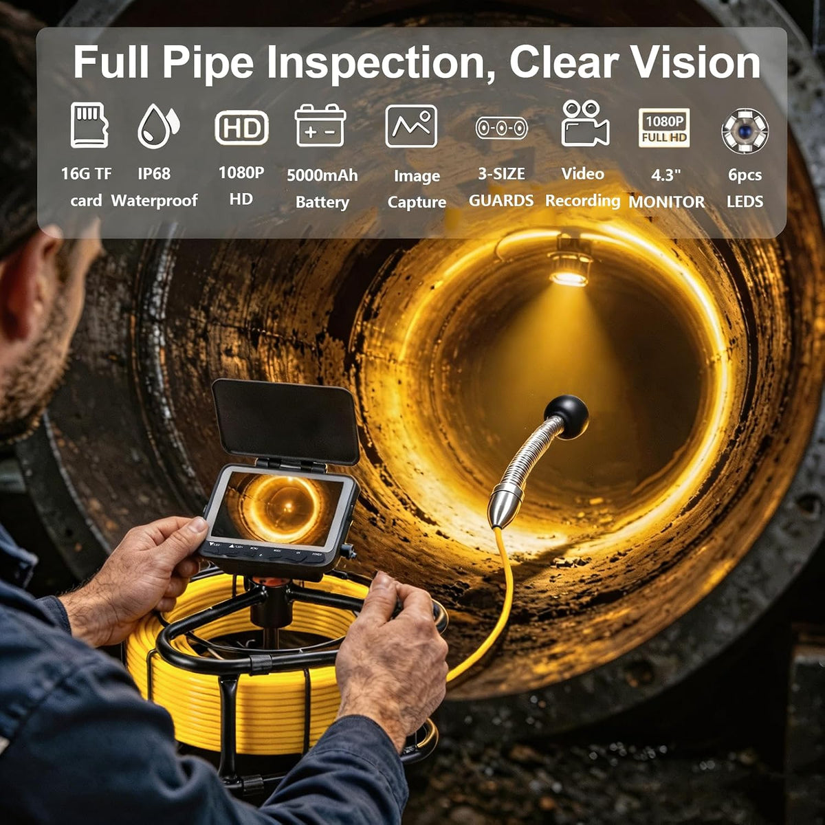 Sewer & Drain Camera 100FT, 4.3" HD Plumbing Inspection Camera 1080P IP68 | 17mm Probe, 6 LEDs, 5000mAh, 16GB DVR, Meter Counter, IP68 for Sewer Line, Drain Pipe, Plumbing & Pipe Inspection Camera
