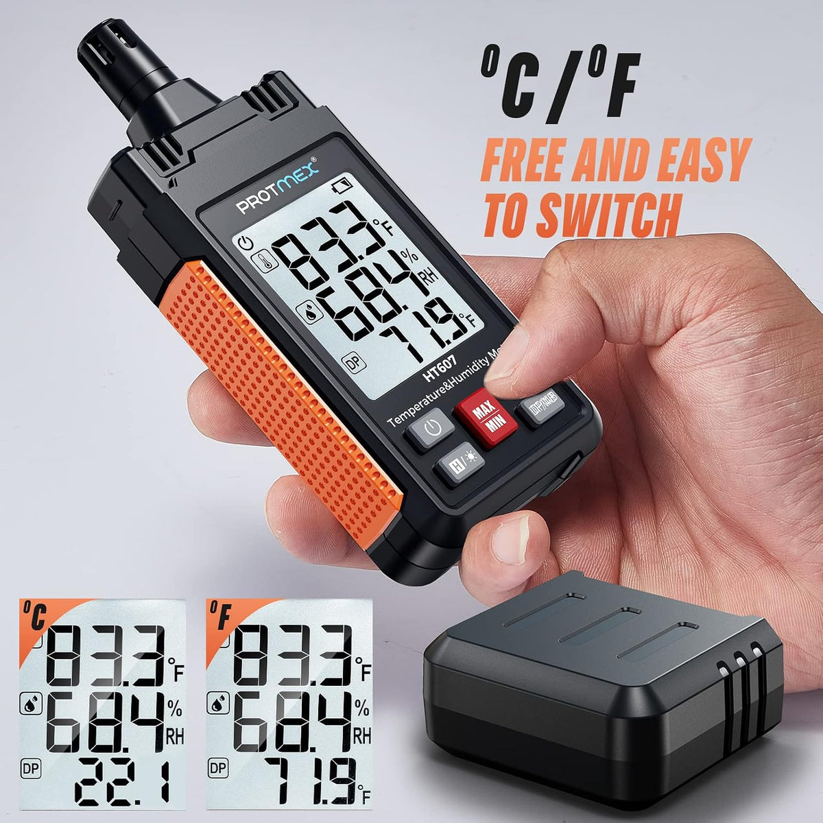 HT607 Temperature Humidity Meter - Large LCD Backlight with Cover Protector