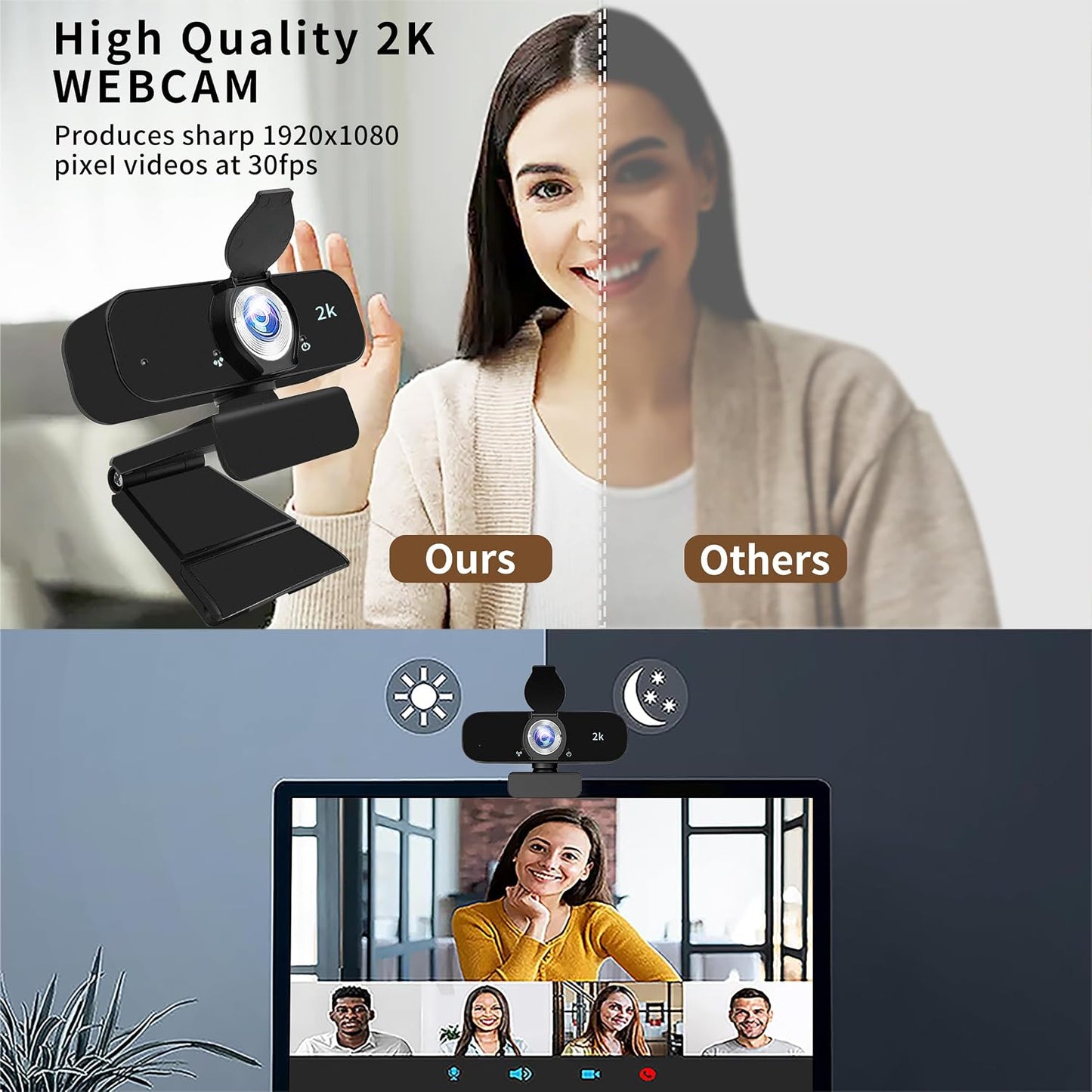 Webcam for Computer, USB Plug&Play, Auto Low Light Correction, Privacy Cover, Tripod, Wide Angle for Meeting/Online Video/Zoom, Web Cam with Microphone (1080p)