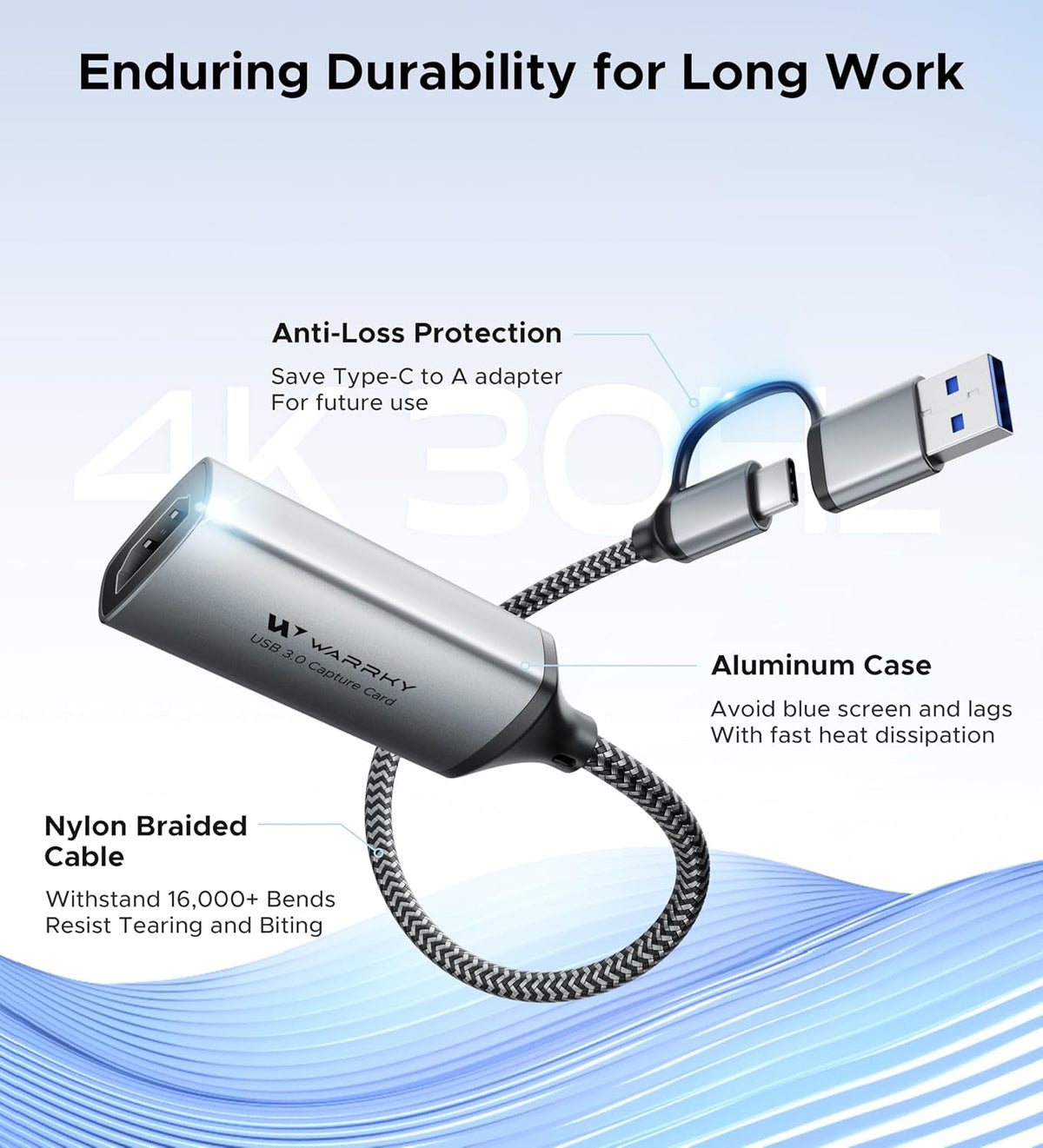 WARRKY Video Capture Card, 2-in-1 USB 3.0 USB A/C HDMI Capture Device, 4K Input 1080P 60FPS Low Latency Game Capture Card for Streaming & Recording, Compatible with PS5, Nintendo Switch, Xbox, PC, Mac