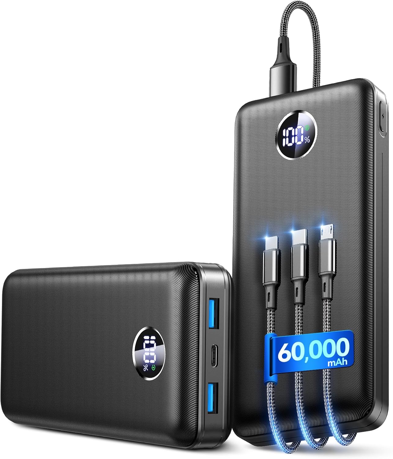 IAPOS Portable Charger 60000mAh, 5-Device Charging Power Bank Battery Pack | 22.5W PD Fast Charge, 3-in-1 Cable(USB-C/iOS/Micro-USB), High-Capacity, LED Display, for iPhone/iPad/Android, Camping/Outdoor
