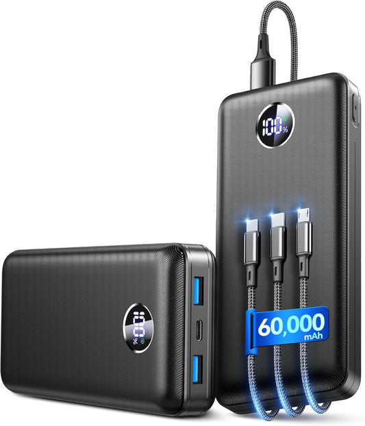 IAPOS Portable Charger 60000mAh, 5-Device Charging Power Bank Battery Pack | 22.5W PD Fast Charge, 3-in-1 Cable(USB-C/iOS/Micro-USB), High-Capacity, LED Display, for iPhone/iPad/Android, Camping/Outdoor