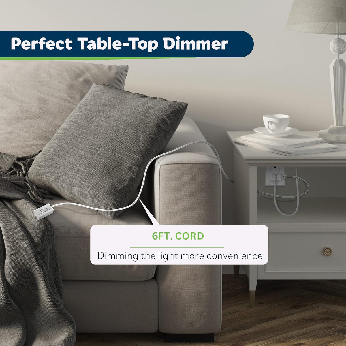 TOPGREENER Plug-in Dimmer Switch for Lamps, 6-Foot Cord, White, 1 Pack | 150W dimmable LED/CFL or 360W incandescent/halogen. Quiet slide control. Not for fans, motors or transformers. ETL Listed