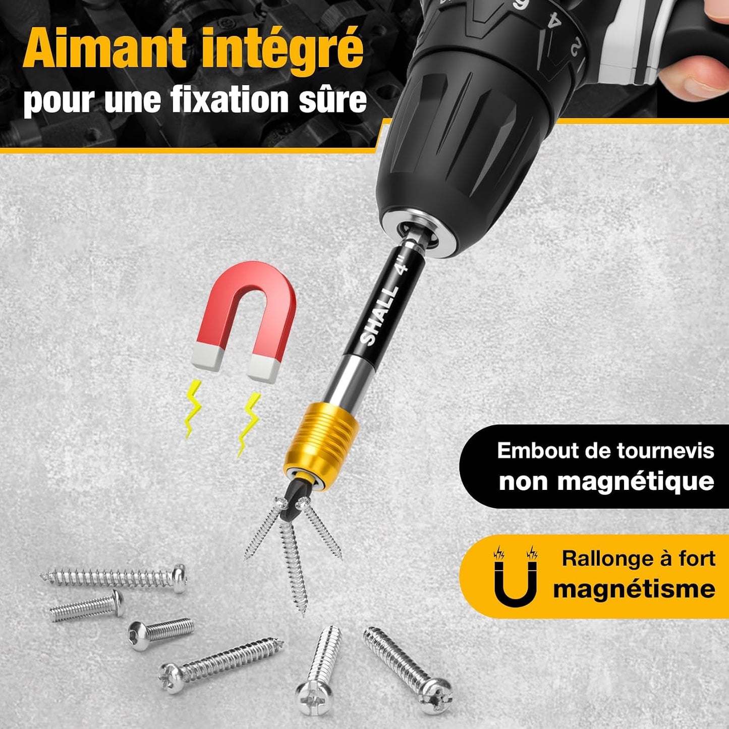 SHALL Drill Bit Extension Set, 4Pcs Magnetic Drill Screwdriver Bit Holder Extender with Aluminum Sleeve, 10Pcs S2 Steel Screwdriver Bits, 1/4 Inch Hex Shank, Quick Release