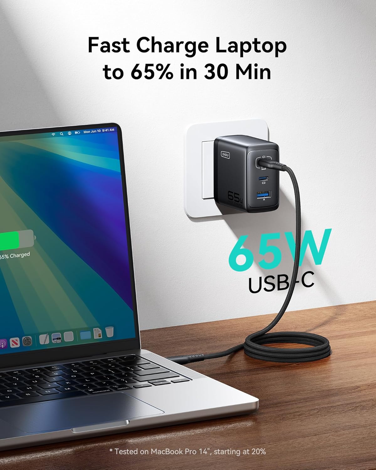 INIU 65W USB C Charger, 3-Port GaN Fast Charging Block with 5ft 100W Cable | Advanced Protection, Foldable Travel Charger, GaN Tech, 3-Port, Adapter for MacBook Pro Air Neo Laptop iPhone 17 Samsung etc