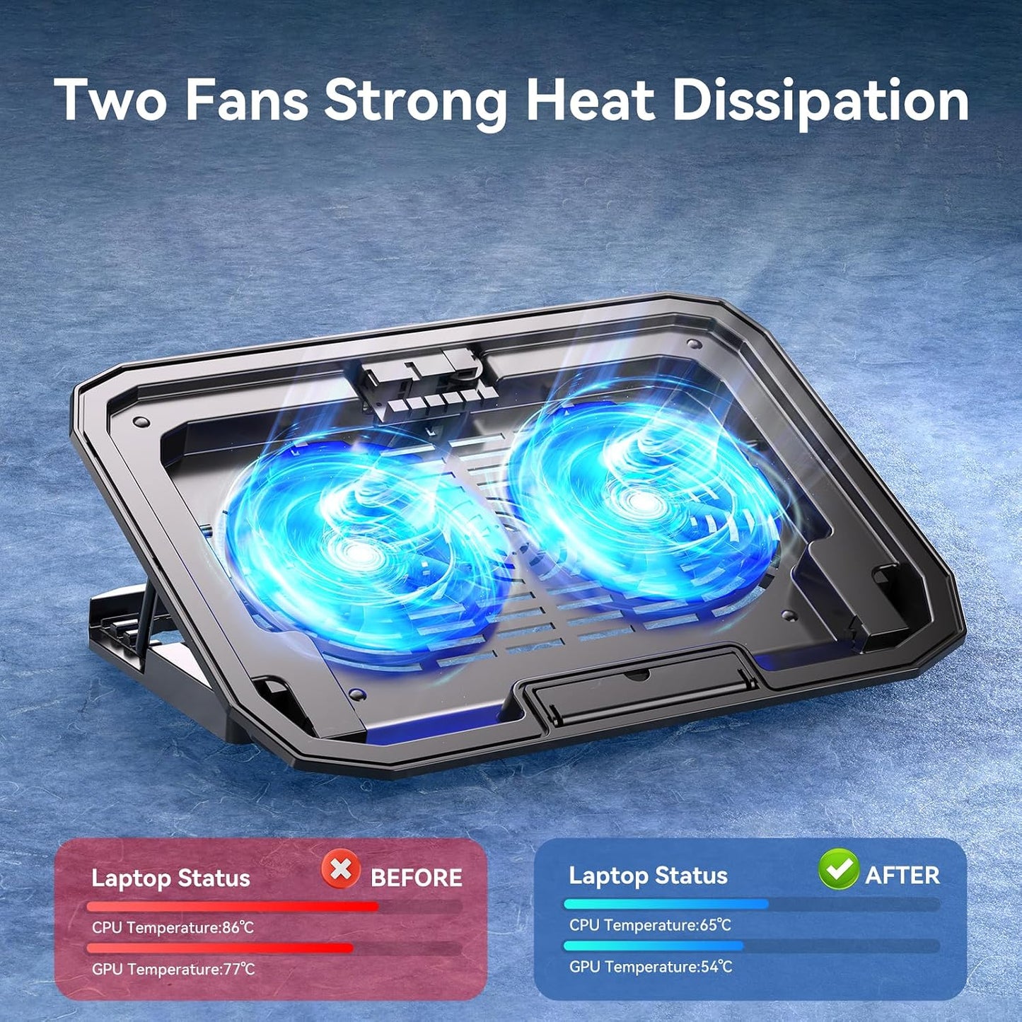KYOLLY Ultra Slim Laptop Cooling Pad with 2 Quiet Big Fans, 5 Height Adjustable Ergonomic Stand, Portable Cooler for 10-15.6 Inch Laptops, Speed Control and 2 USB Ports