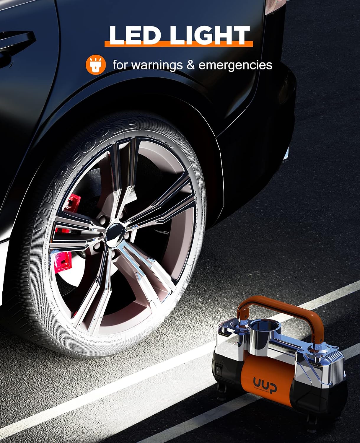 UUP Portable 12V Air Compressor, 150 PSI Tire Inflator with Dual Cylinders | Heavy-Duty Air Pump with Emergency LED Light for Car, Truck, SUV, RV, Bicycle Tires, Balls, Air Mattress, Orange