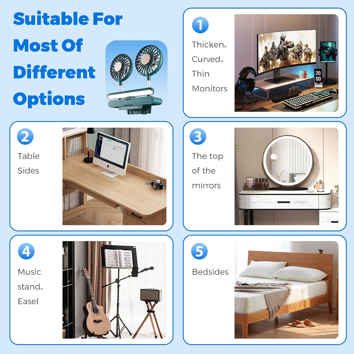 Monitor fan with lamp Office Quiet USB Fan for Working (Forest Green)
