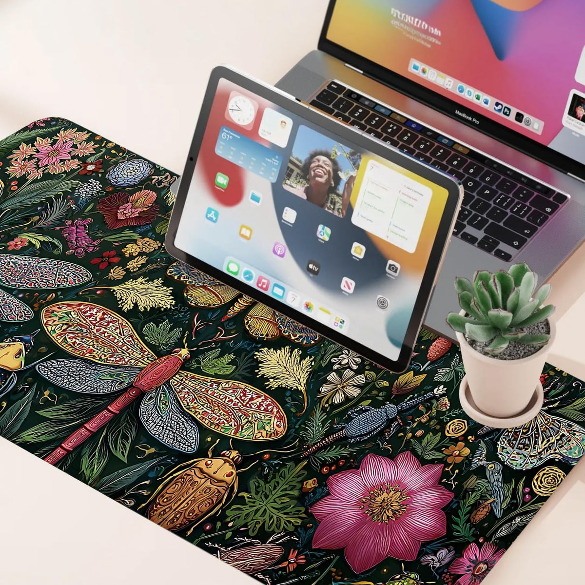 Desk Mat, XXL Extended Gaming Pad for Desktop, 31x12 Inches Butterflies and Dragonflies Garden Scene, Large Non-Slip Vegan Leather Keyboard Mouse Mat for Home Office