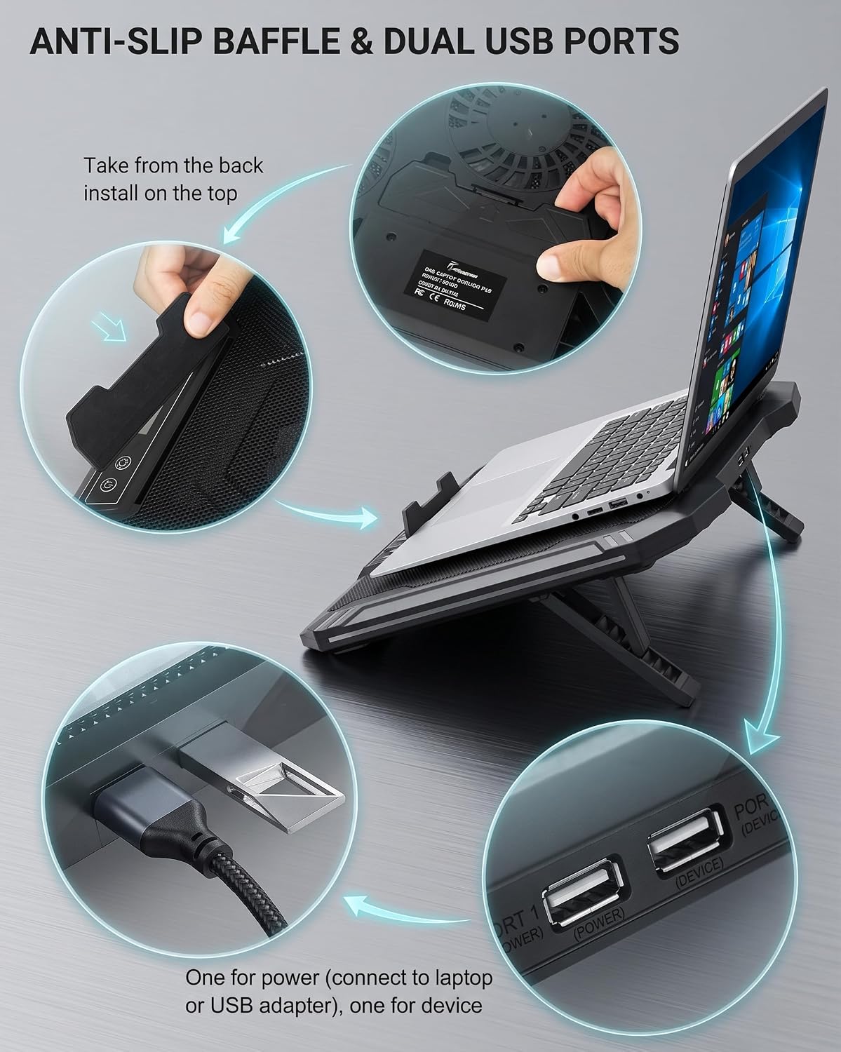 AFI Electronics Laptop Cooling Pad, 5 Quiet Fans Gaming Laptop Cooler for 11–17 Inch, RGB LED, LCD Display, 6 Fan Speeds, 8-Height Adjustable Stand, Dual USB Ports, Notebook Cooling Stand