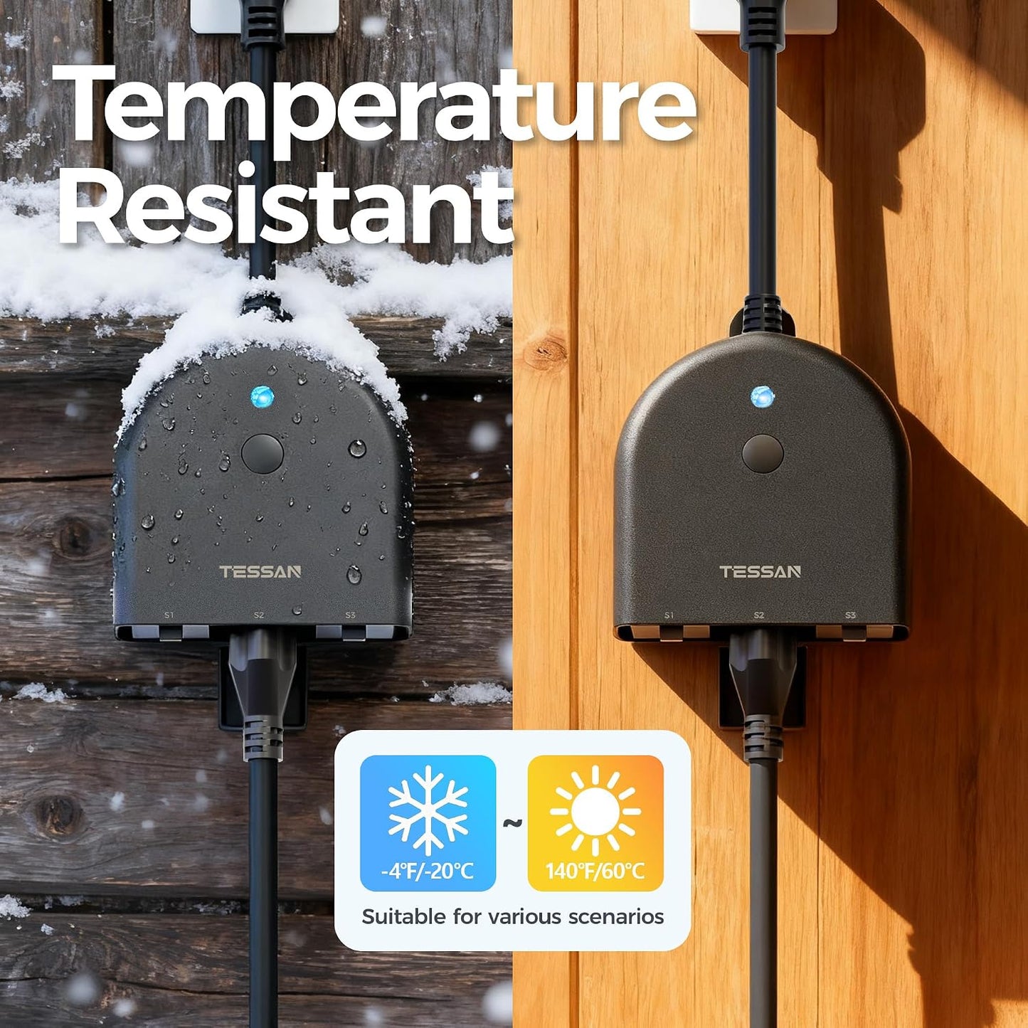 TESSAN Outdoor Smart Plug Waterproof, 2.4GHz WiFi Only, 15A/1875W Heavy Duty, 3 Individual Sockets Compatible with Alexa Google Home, Remote Control Timer