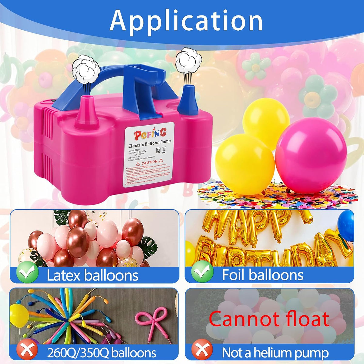 PCFING Balloon Pump Electric, Portable Balloons Inflator Blower Machine with Balloon Tie Tool & Dual Nozzle