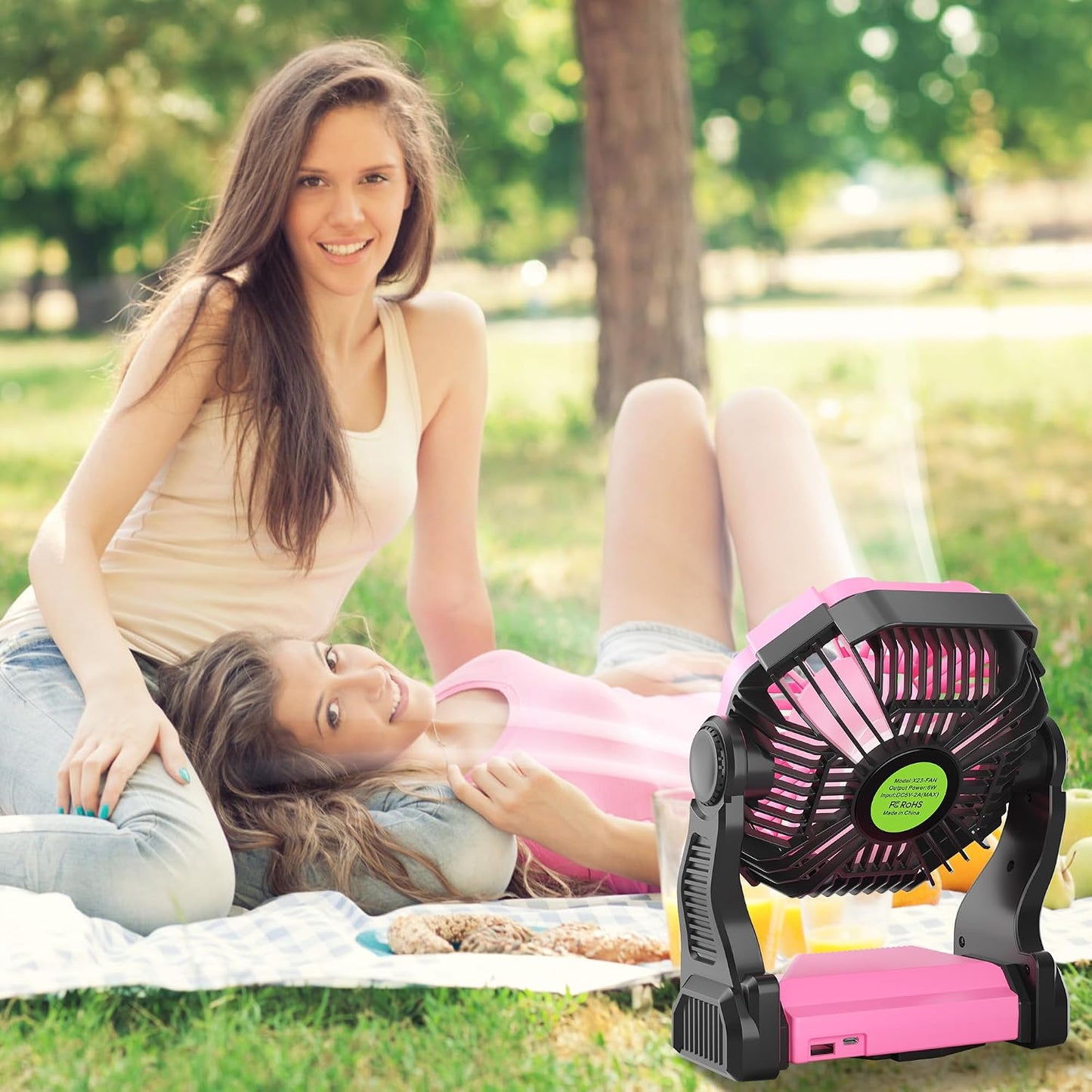 Portable Fan Rechargeable Camping Tent Fan Rechargeable Essentials | 20000mAh Cordless Battery Powered Operated Fan Camping Fan with Light, USB Rechargeable Desk Fan Portable for Travel X23 Pink