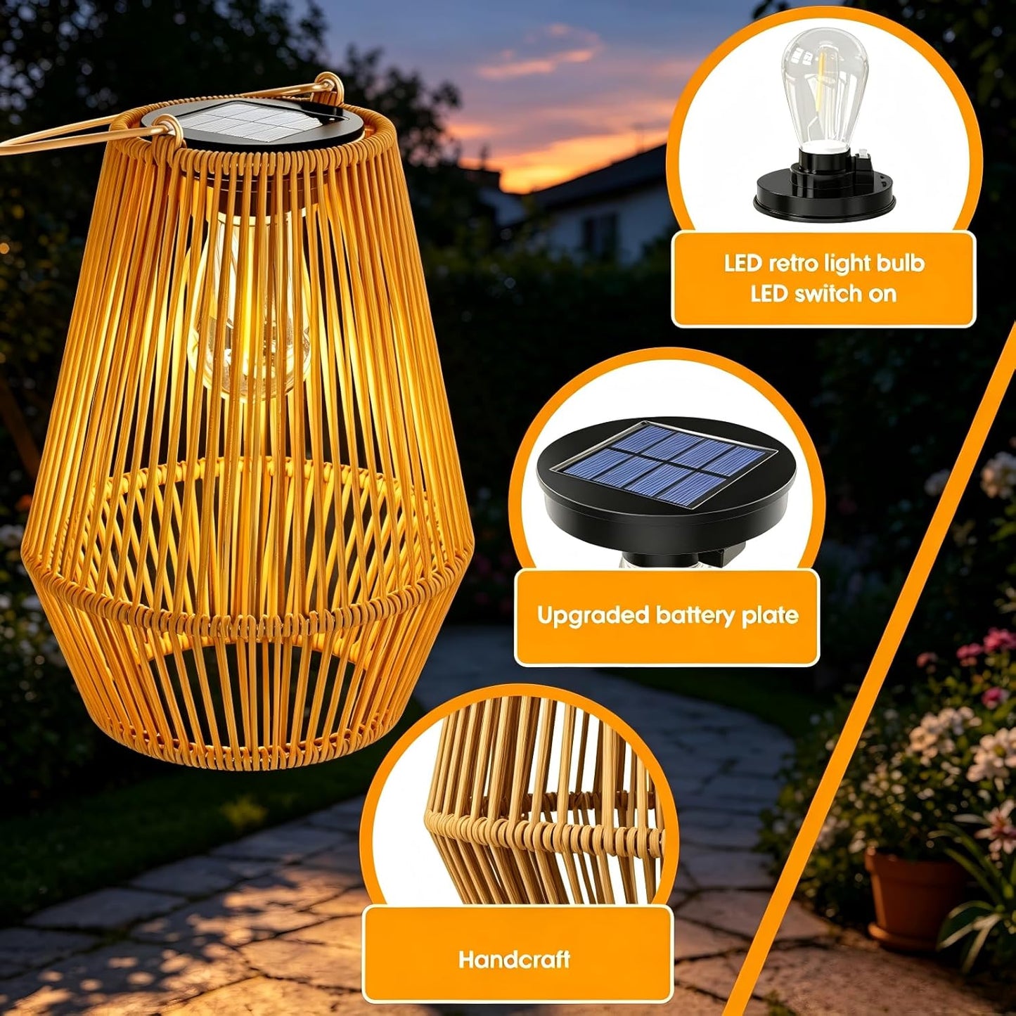 Solar Lanterns Outdoor Waterproof, Solar Rattan Lanterns 2 Pack | Gifts for Women Mom Grandma Hanging Solar Lights Outdoor Garden Decor for Outside, Patio, Yard, Porch, Lawn, 2 Pack