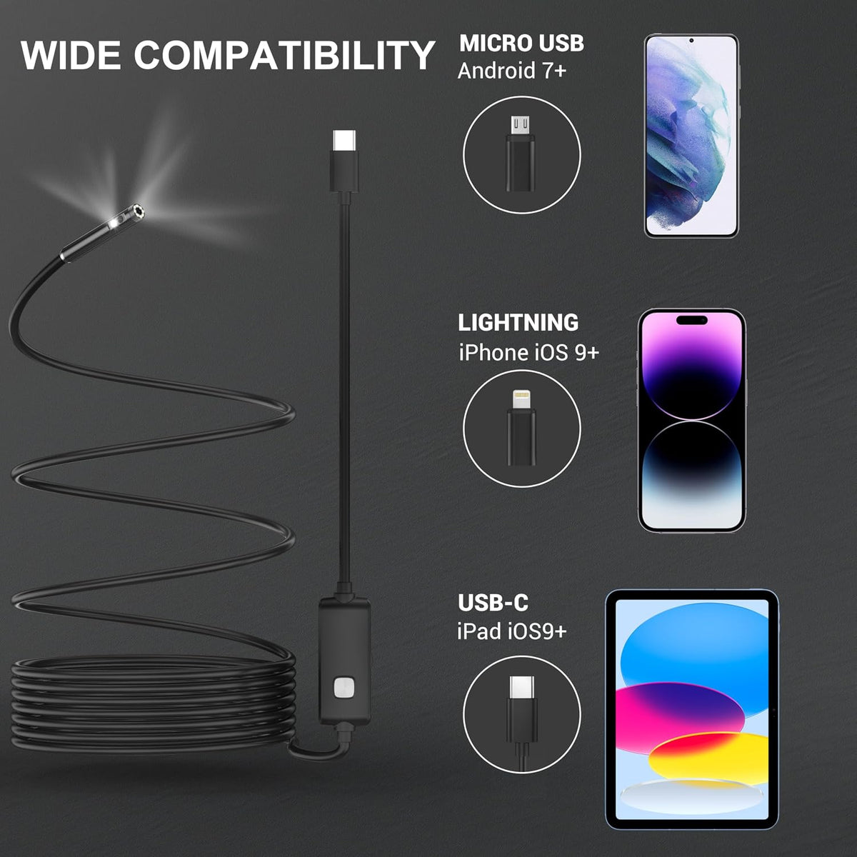 Dual-Lens Endoscope Camera with Light, 1920P HD Borescope Inspection Camera | IP67 Waterproof Endoscope with 8+1 Adjustable LED Lights and 16.4FT Semi-Rigid Snake Cable for iOS and Android