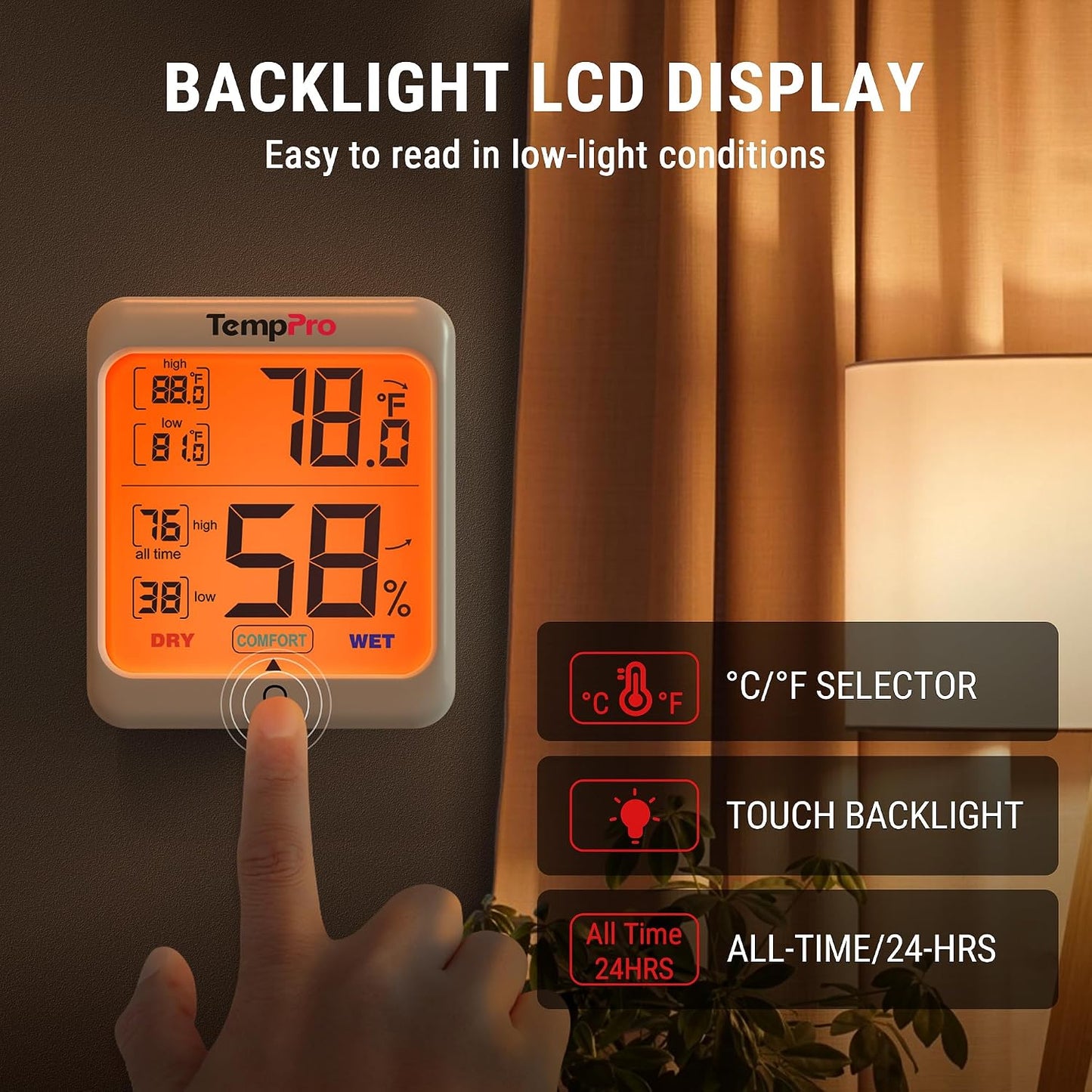 TempPro TP53 2 Pack Digital Hygrometer Indoor Thermometer for Home, Temperature Humidity Meter with Comfort Indicator & Max Min Records, Backlit Display Room Thermometer (Previously ThermoPro)