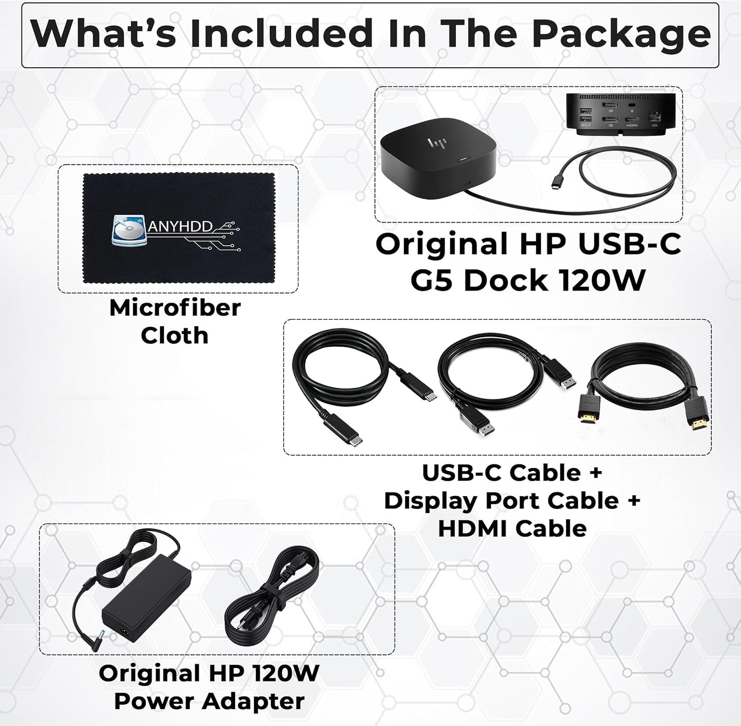 HP USB-C Dock g5 and Charging Bundle - HP Docking Station Dual Monitor 5TW10AA / 5TW10UT / 5TW10AA#ABB with 120W Adapter, HDMI, DisplayPort, USB-C Cables + Microfiber Cloth (Renewed)