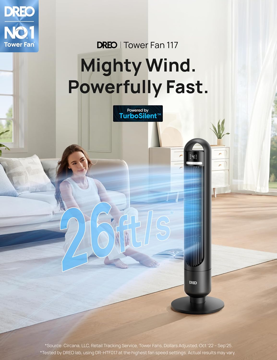 DREO Tower Fan for Bedroom, 26ft/s Velocity, 90° Oscillating, 8H Timer | 4 Speeds, 3 Modes, 28dB Quiet Standing Fan, Floor Fan for Room, Living Room, Office, Home, Cooling Fan with Remote, Black