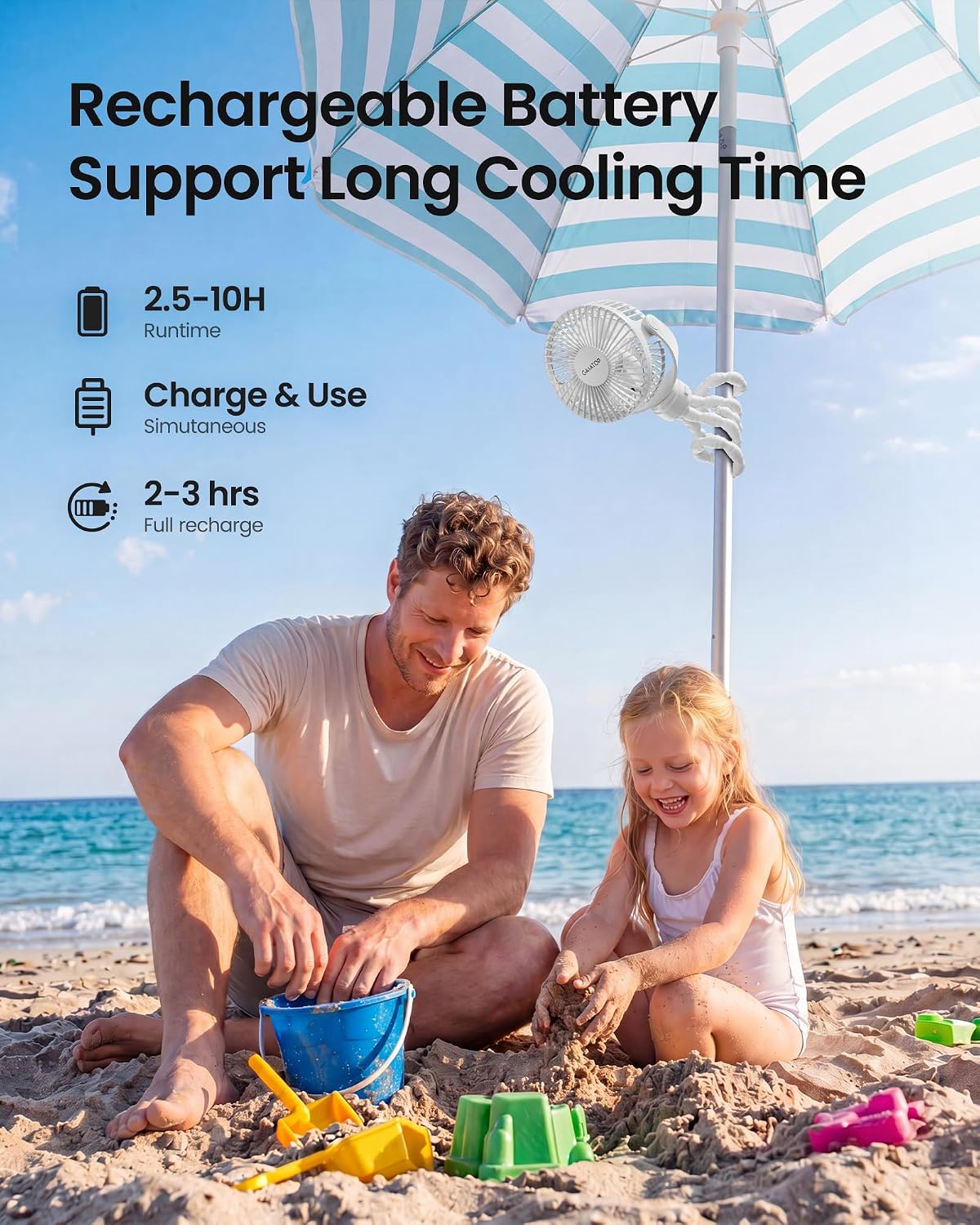 Gaiatop Mini Portable Stroller Fan, Small Clip on Fan 3 Speed Rechargeable | 360° Rotate Flexible Tripod, Battery Operated Detachable, Cooling for Car Seat Crib Treadmill Travel White
