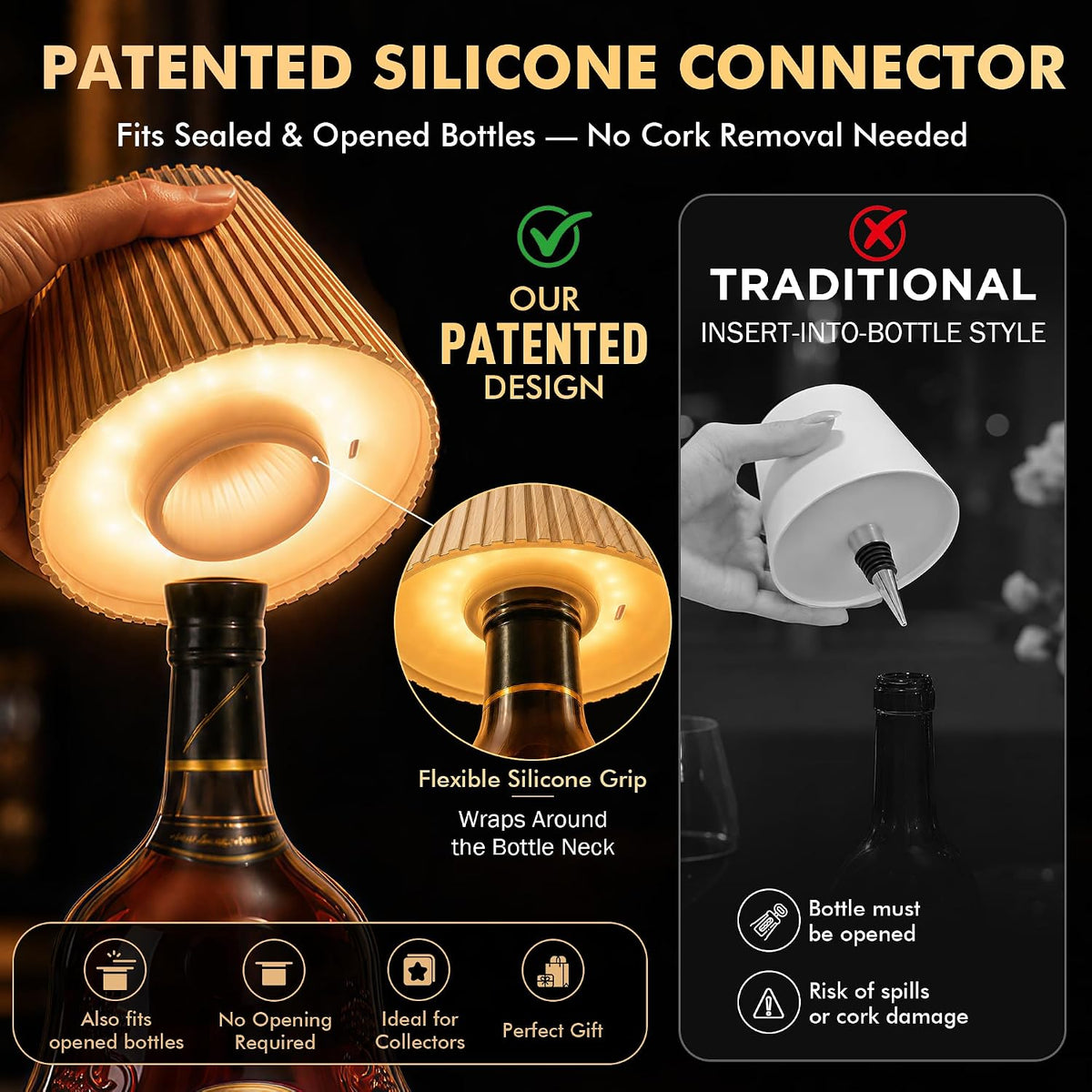WILIT Wireless Bottle Lamp Shades for Table Lamps, 3 Level Brightness Bar Lights for Home Bar, Rechargeable Cordless Lamp for Bedroom Bar&Restaurant, Modern Wine Bottle Light, Gifts for Women