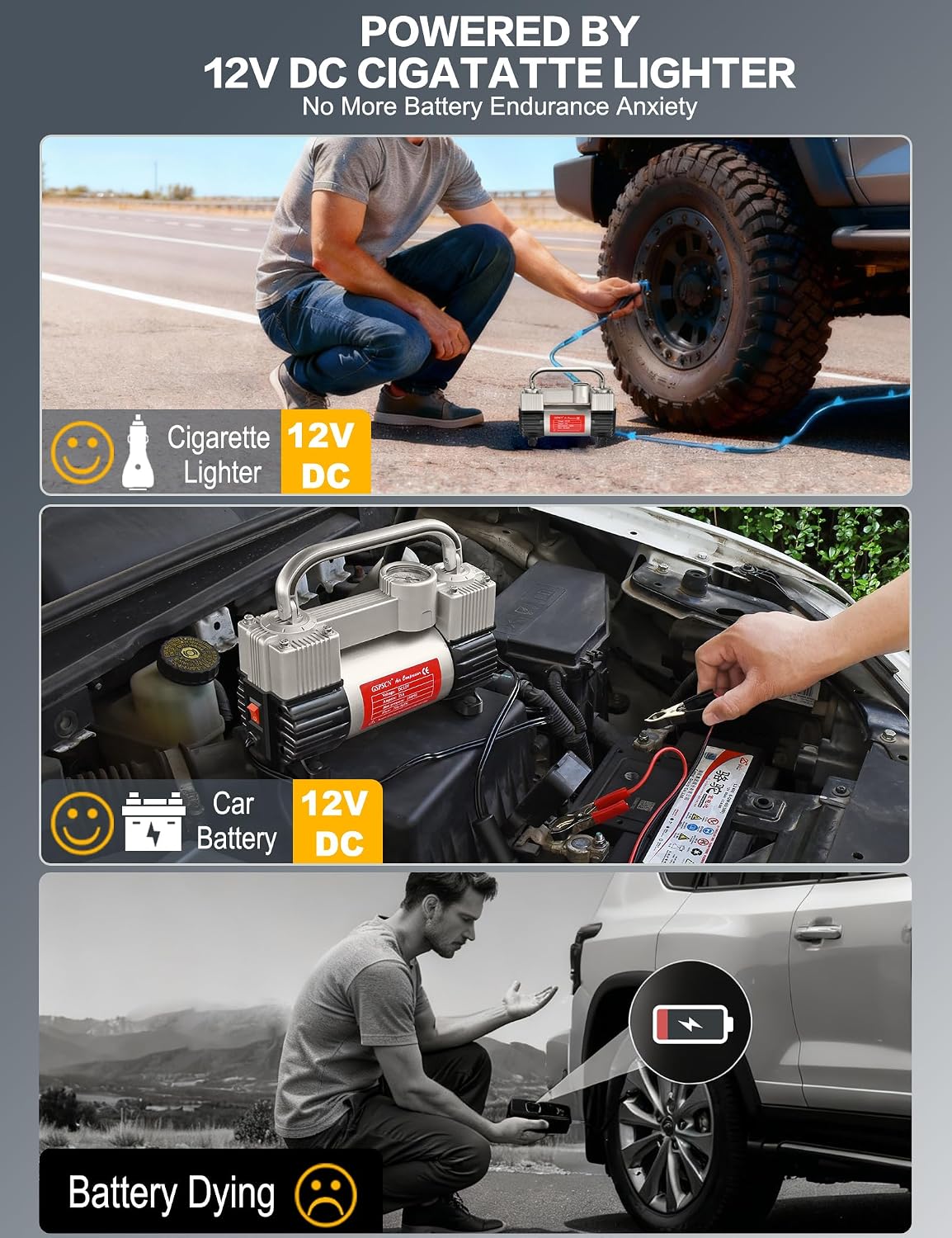 GSPSCN 12V Heavy Duty Tire Inflator Metal Portable Air Compressor Pump | 6X Faster Inflation Dual Cylinders 150PSI Air Pump with Adapter for Car, RV,Pickup Truck, SUV, Van,Camper, Air Bed,Ball