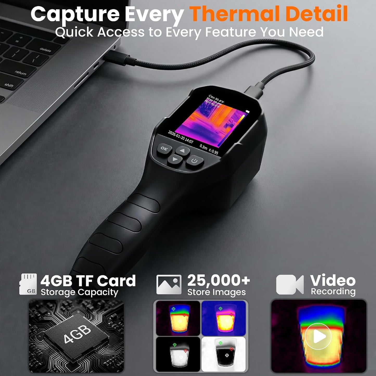 240x240 Thermal Camera 25Hz Handheld for Leak Detection HVAC | 14hr battery, 50°FOV, 2.8" LCD, for home inspection, electrical, plumbing, roofing, automotive diagnostics