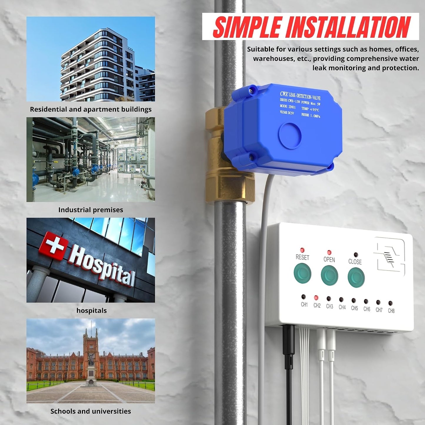 Water Leak Detector, Automatic Water Leak Alarm System, with 2X 3/4" NPT Shutoff Valves & 2 Sensors, Flood Prevention for Water Heater Laundry