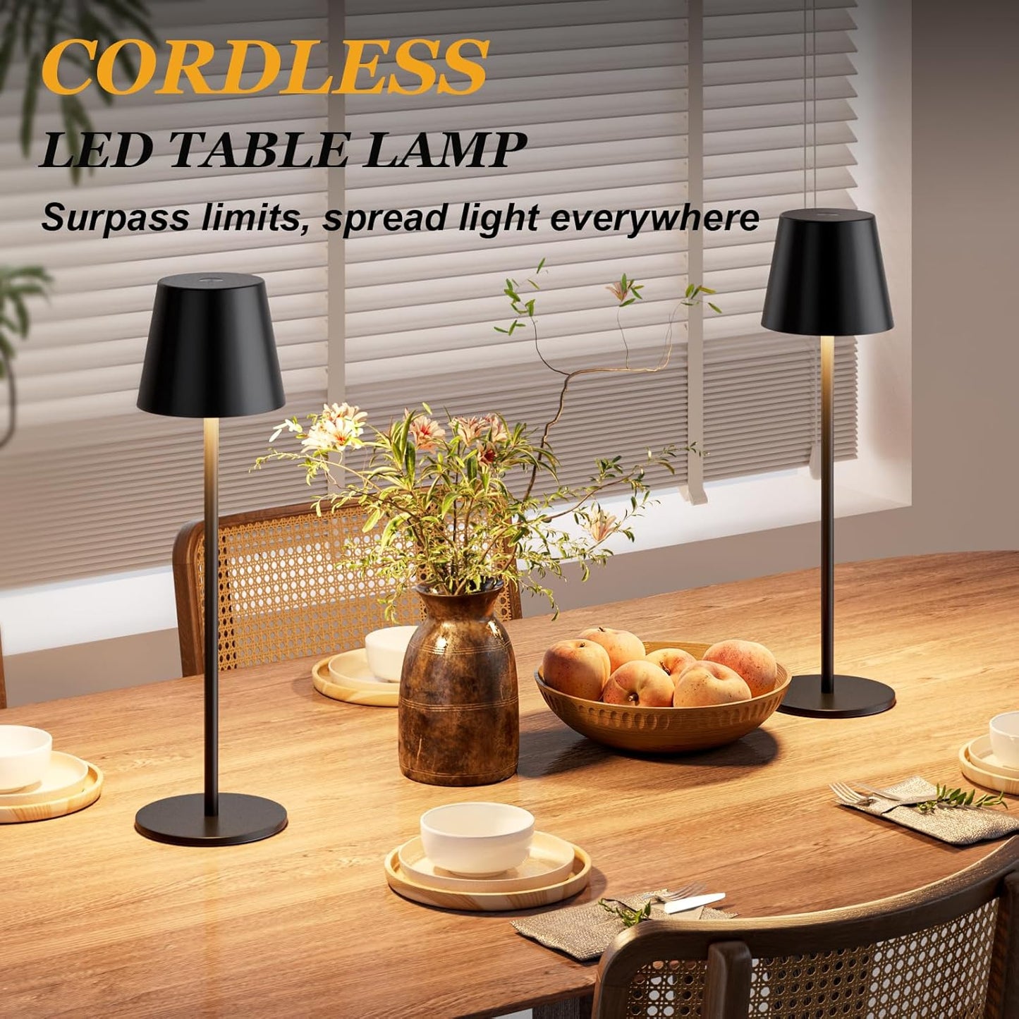 Kakanuo Cordless Table Lamp Rechargeable Black - KK 2 Pack 5000mAH Battery Operated Lamp for Counter, 3 Color Stepless Dimming Wireless Lamp for Dining Kitchen, Outdoor Patio, Touch Control