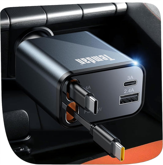 Retractable Car Charger,75W Fast Charger USB C Car Truck Accessories | Cigarette Lighter Adapter, Car Accessories, Birthday Gifts for Men Women Dad Mom Husband, for iPhone 15/16/17 Pro/17 Pro Max