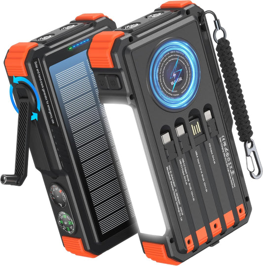 BLAVOR Solar Power Bank with Hand Crank and 4 Cables, 20000mAh Wireless Portable Charger with USB C & Camping Light, 20W Fast Charging Battery Pack for iPhone, iPad, Samsung, All Mobile Phones