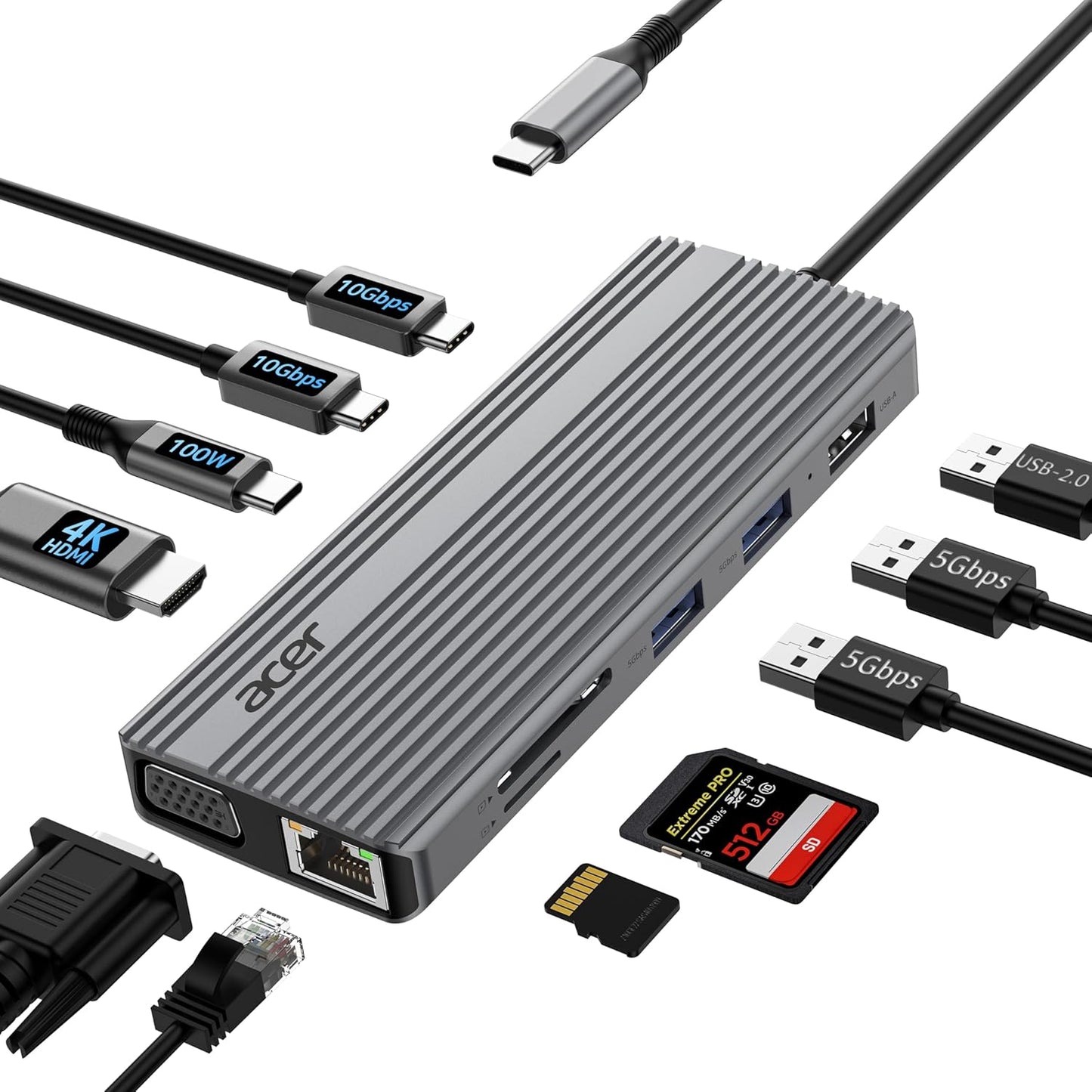 Acer 11 in 1 USB C HUB Multiport Adapter 10Gbps, 4K@60Hz HDMI for Laptop | USB C Docking Station with 2×USB C 3.2 & 2×USB A 3.0 Data Port, 100W PD Port, 1Gbps Ethernet, 1080P VGA, SD/TF, 0.65ft
