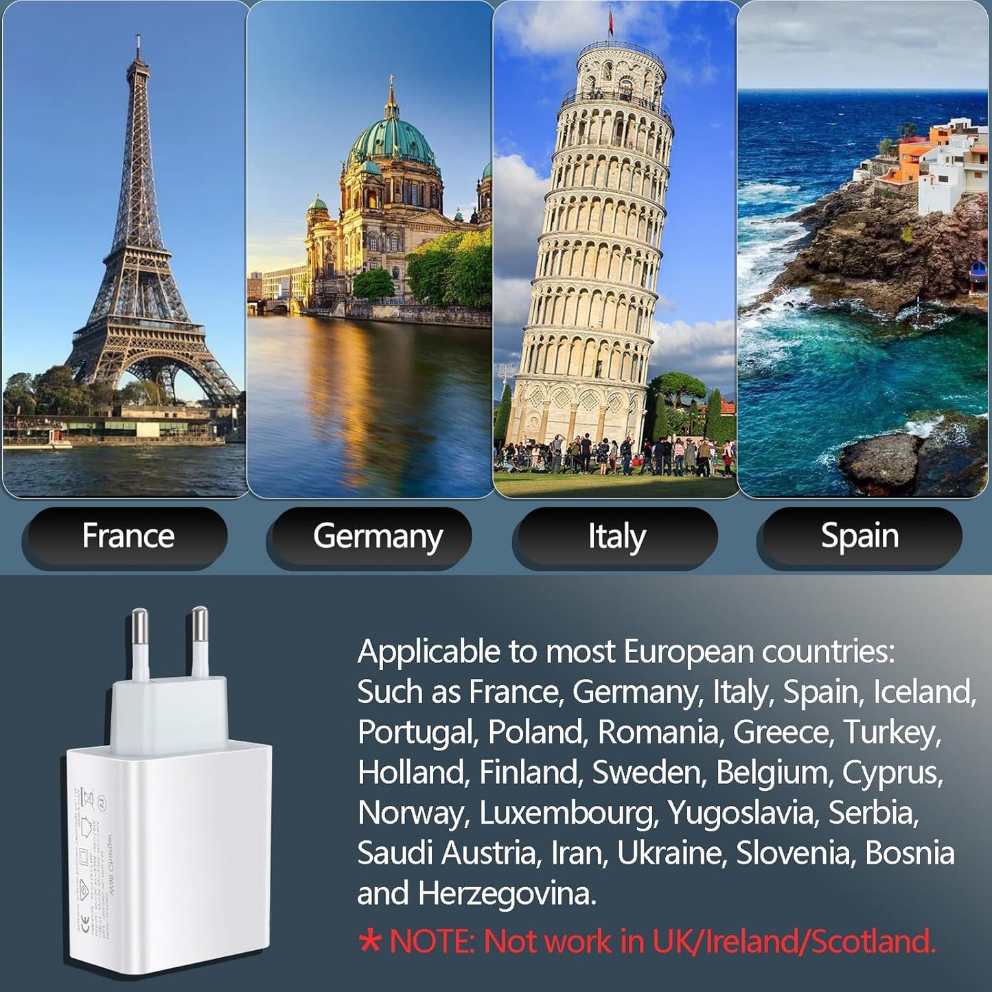 European USB C Charger 2 Pack, 55W European Travel Plug Adapter 4-Port Fast Charger Type C Wall Charger USA to Europe Plug Adaptor for iPhone 17 16 15 14 13 12 11 Pro Max X 8, Galaxy, Android