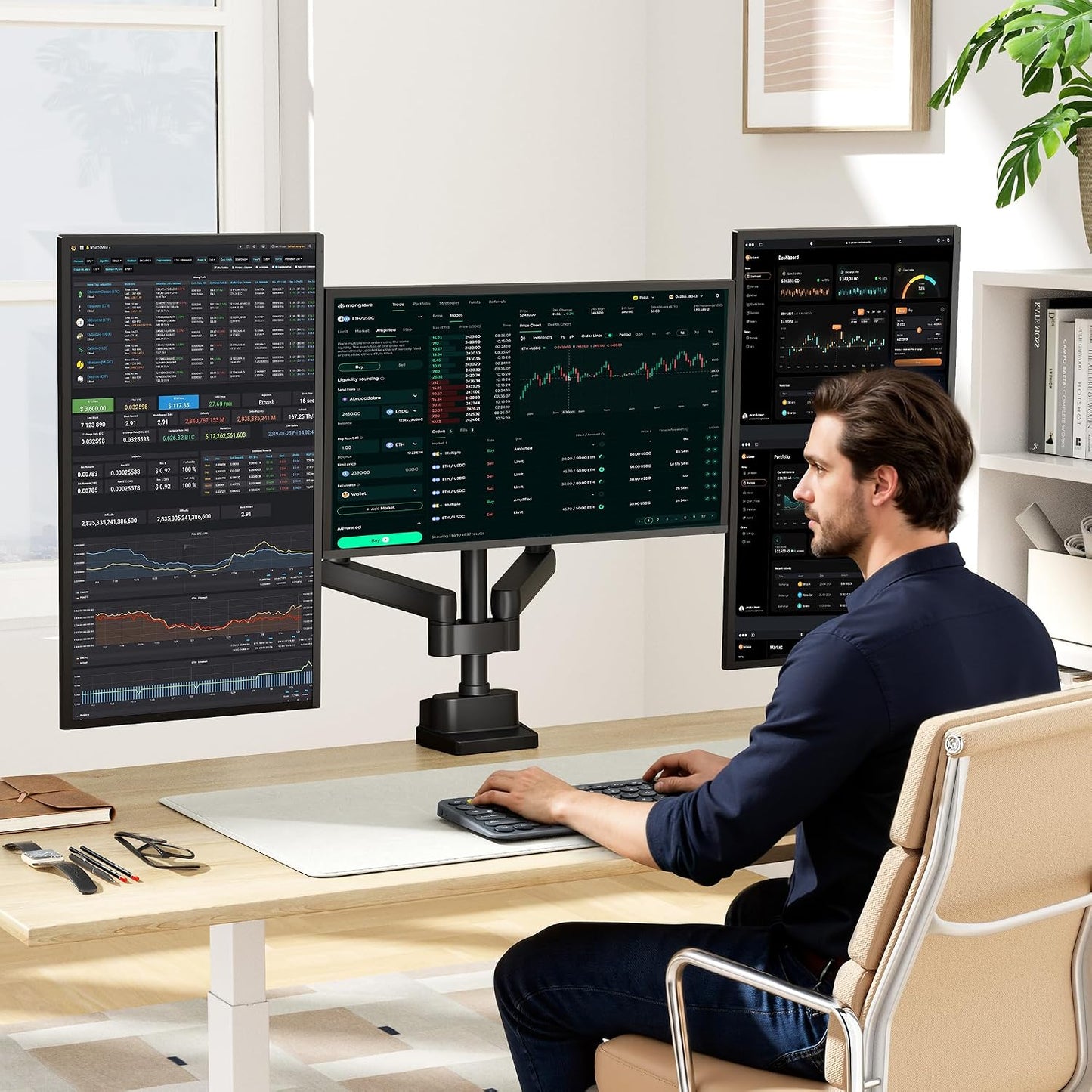 monTEK Triple Monitor Mount for 13"-27" Screens, Max 19.8 lbs Each Arm | Heavy Duty Aluminum Full Motion 3 Monitor Desk Stand, Height Adjustable Swivel Tilt Bracket, Clamp & Grommet Mounting