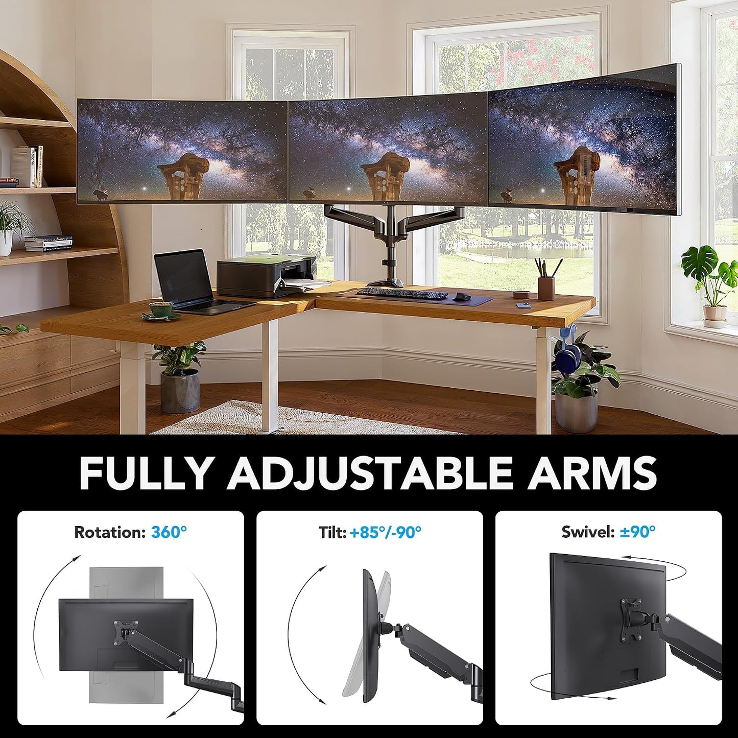 HUANUO Triple Monitor Mount for 17 to 32 inch Screens, Adjustment Gaming Triple Monitor Stand with Swivel, Tilt, Rotation, Clamp & Grommet Kit