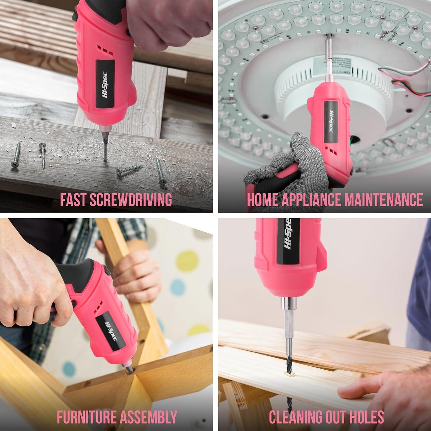Hi-Spec 4V USB Electric Screwdriver Tool Kit for Home Repairs, Pink | 42pc, fast assembly help, common screw bit selection, LED visibility, compact grip, quick household fixes, organized storage