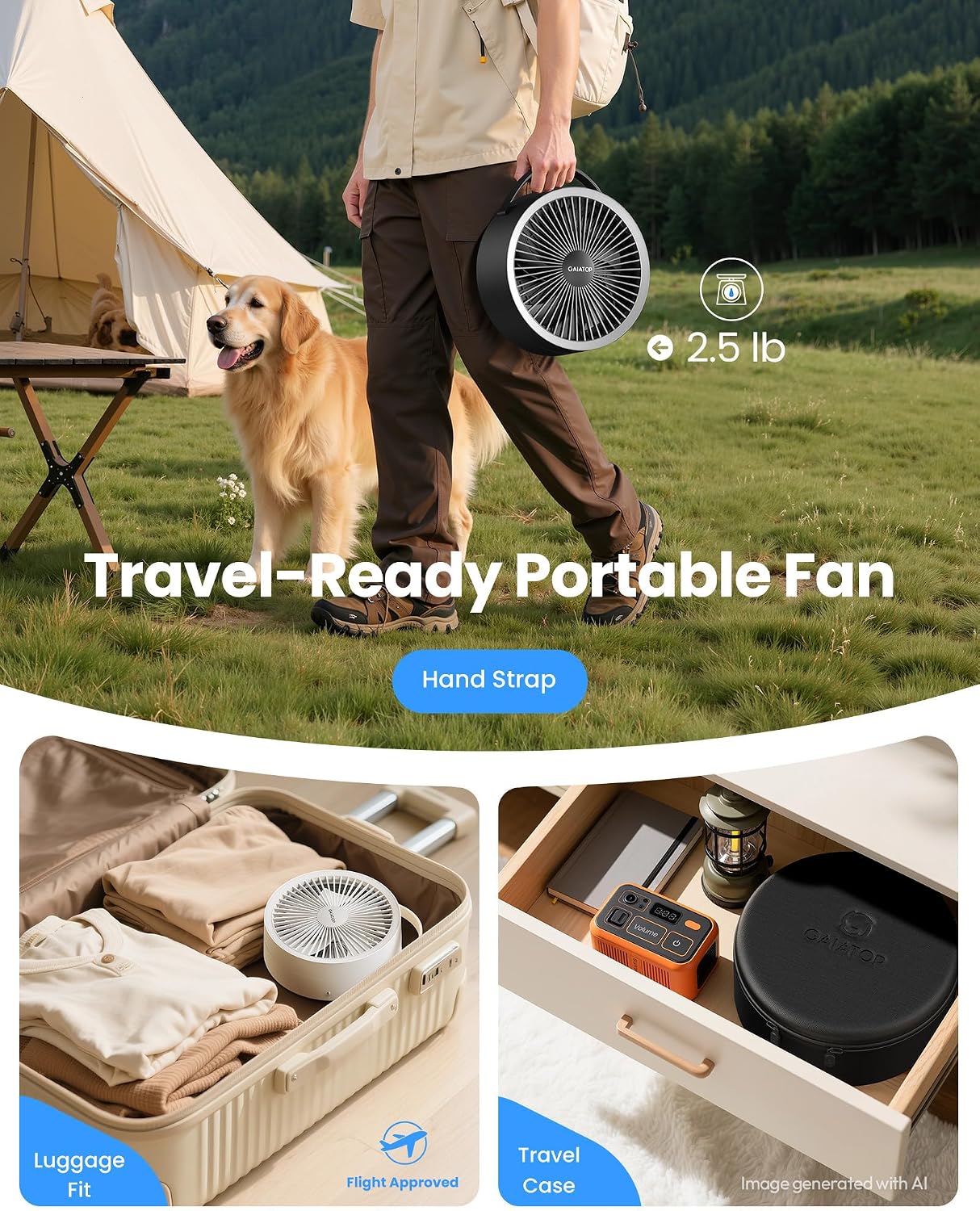 Gaiatop Portable Pedestal Fan 16000mAh Battery [Max 74h Runtime], Foldable Oscillating Standing Fan, Collapsible Desk Fans, LED Light, Case & Remote Control 4 Speeds for Outdoor Travel Camping (Black)