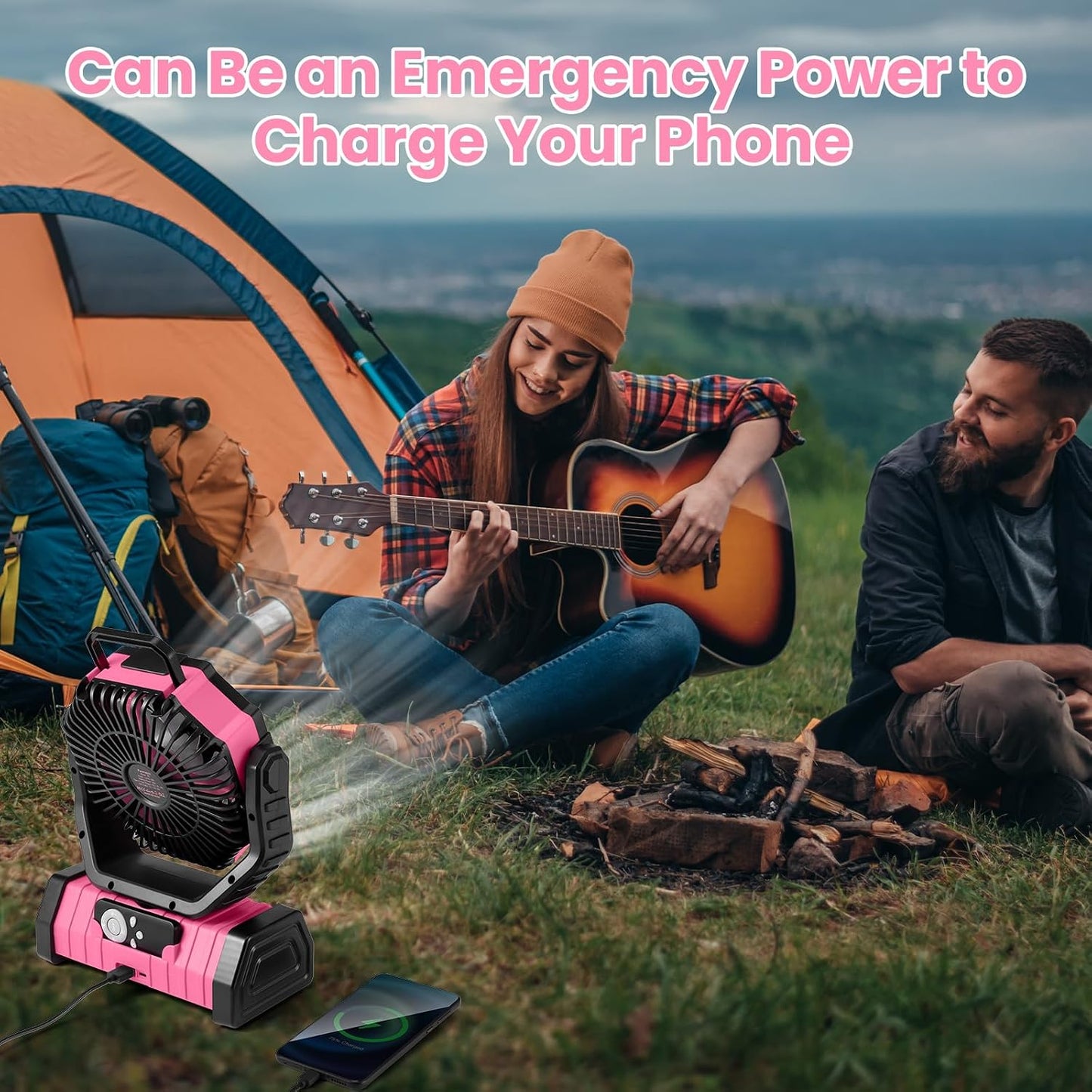 Odoland 30000mAh Camping Fan with LED Lantern, Rechargeable Battery Fan | Operated Oscillating Fan with Remote & Hook, Portable Tent Fan with Timer, 4 Speeds for Outdoor Camp RV Power Outage, Pink