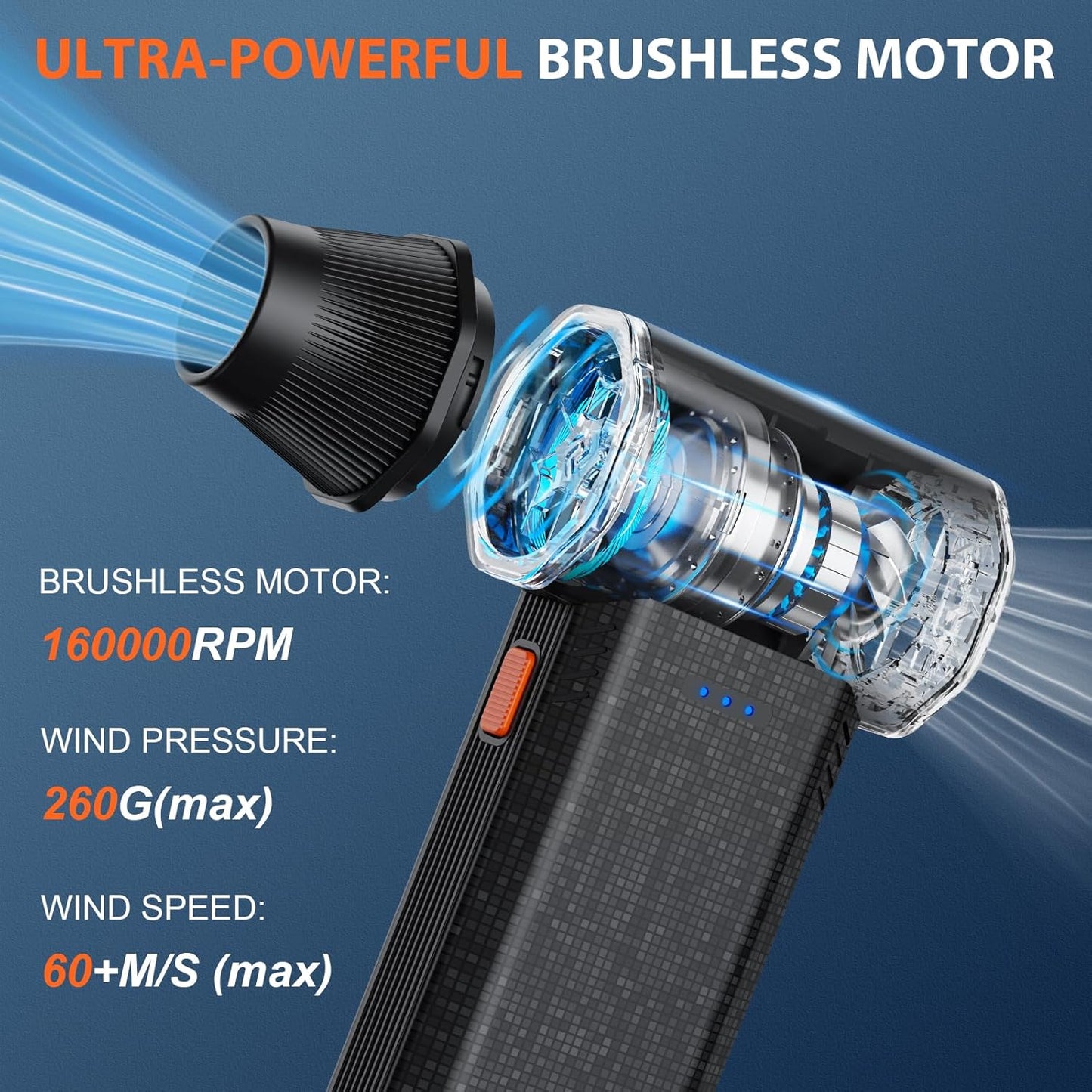 Compressed Air Duster, 160000RPM Ultra Powerful Electric Air Duster, 3-Speed Adjustable Air Blower, Rechargeable Cordless Mini Blower for Keyboard, Computer, Electronics, Car, Home & Outdoor Cleaning