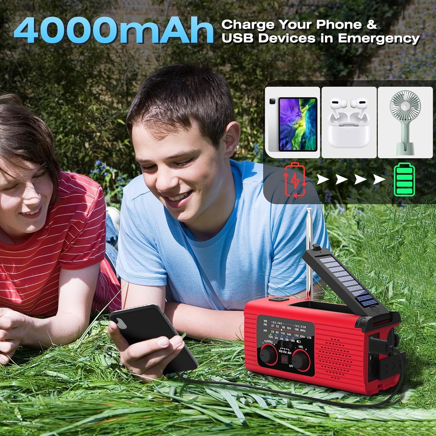 NITIGO Emergency Weather Radio, 4000mAh NOAA Weather Radio Solar Charging | Hand Crank Radio & USB Charged, Radios Portable Am Fm with LED Flashlight, Reading Lamp, SOS Alarm for Emergency Situation