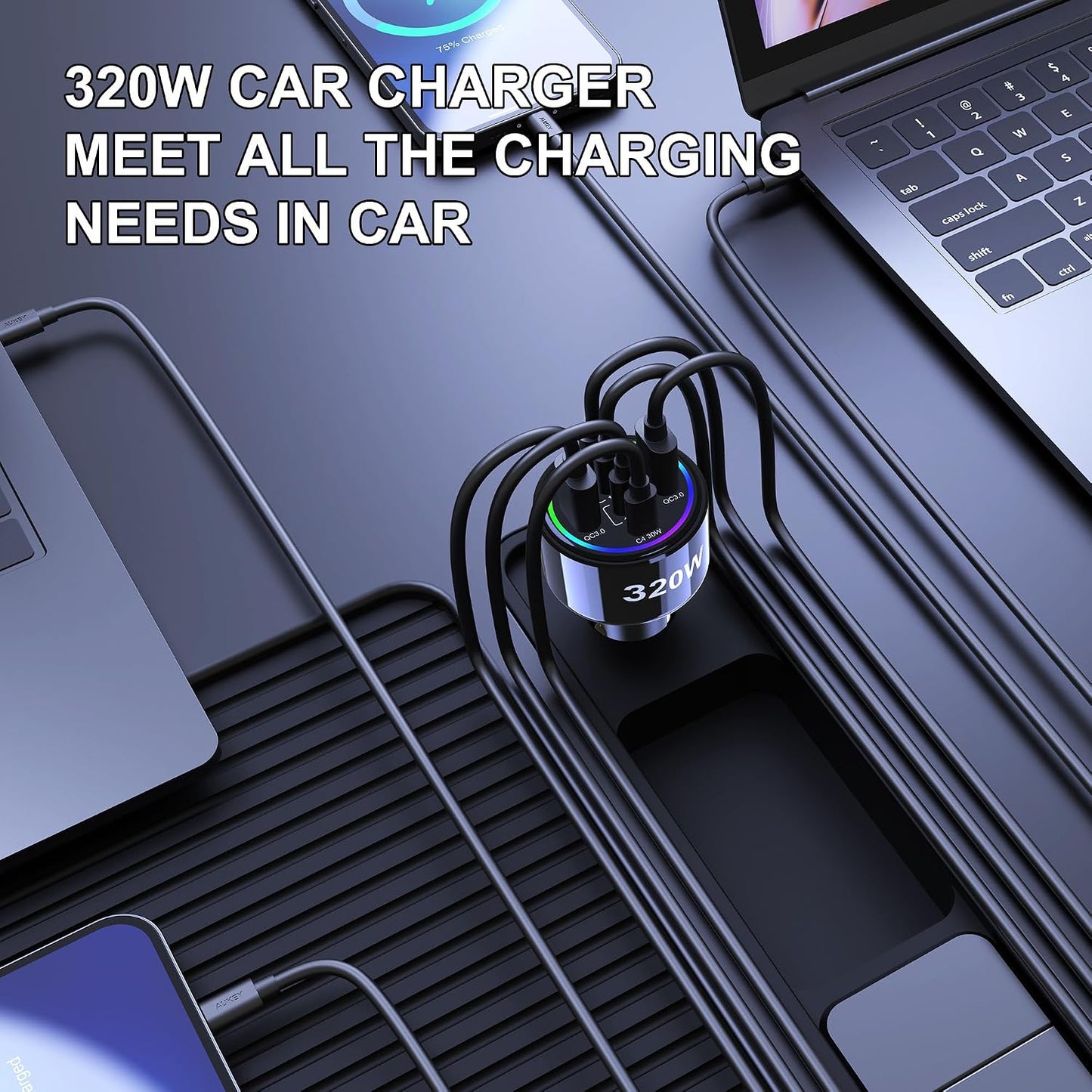 320W USB C Car Charger, 6 Ports Type C Car Charger | PD3.0/QC4.0/PPS Super Fast Charging for iPhone 17/16/15 Series, Galaxy S25/S24/23, iPad, MacBook Pro/Air, Laptop (Black)