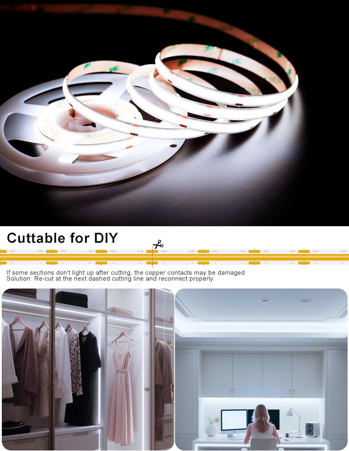 Cool White 6500K Smart COB LED Strip Light 9.85ft with Radar Motion Sensor, WiFi APP Control Dimmable Flexible LED Tape Light Timed for Google Home Alexa for Cabinets,Home&Office DIY Lighting