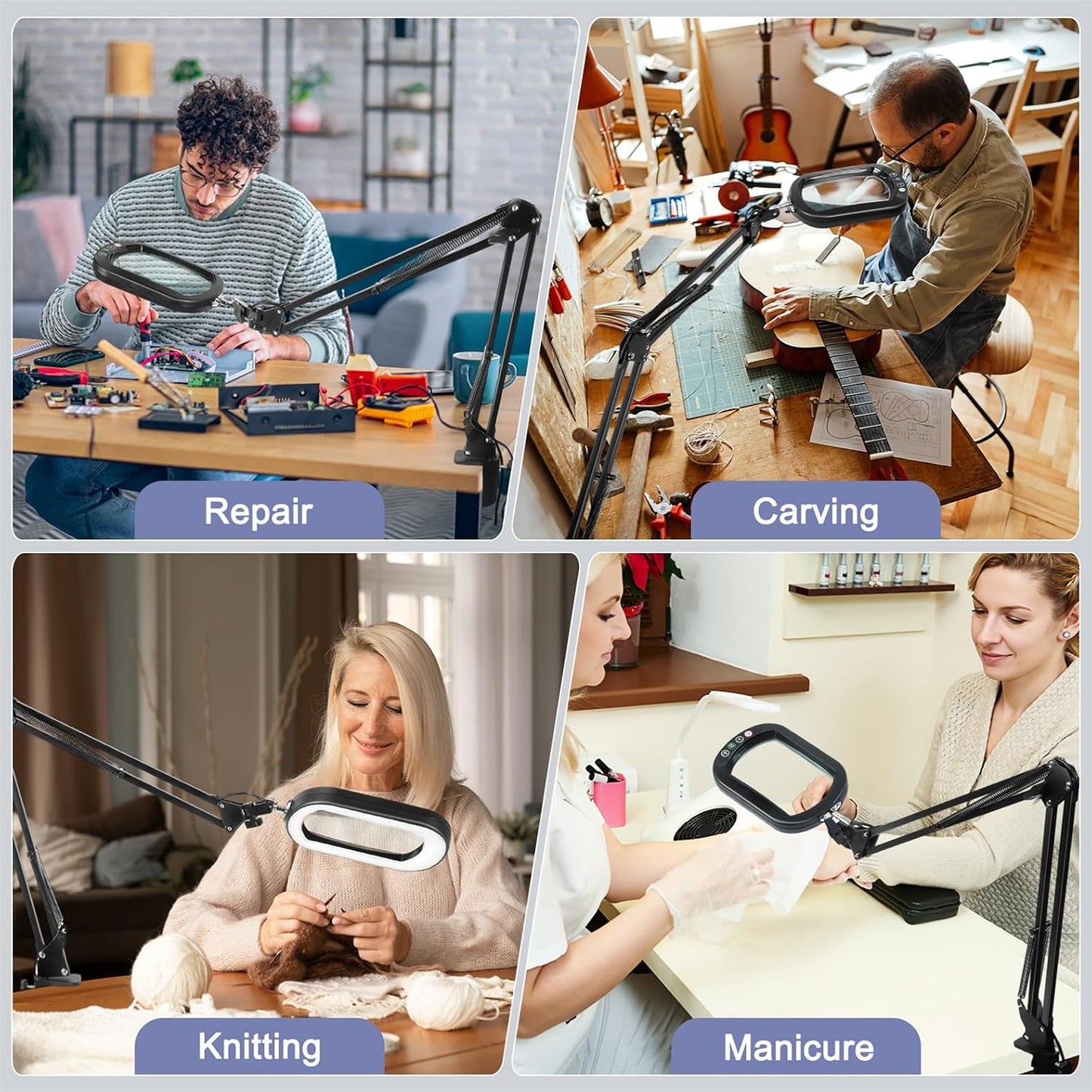 10X Large Magnifying Glass with Light and Clamp, Real Glass, 5 Color Modes, Stepless Dimmable, Lighted Magnifier with Stand Hands Free, LED Swing Arm Desk Lamp for Close Work, Craft, Reading, Painting