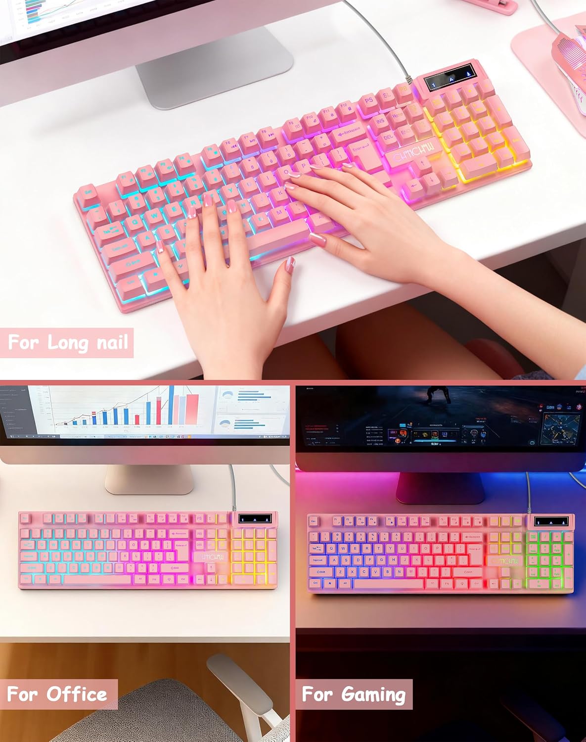 Light Up Cute Pink Gaming Keyboard, 3 Color LED Backlit for PC Computer PS5 | 19 Keys Anti-Ghosting, Multimedia Function Keys, 104 Keys Full Size, Number Pad, USB Wired Creamy Keyboard for Desktop Laptop