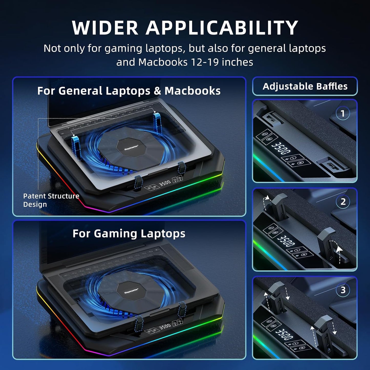 RGB Laptop Cooling Pad with LED Touch Screen, 3500 RPM Turbofan Notebook Cooler for 12-21 Inch Gaming Laptops, 3-Port USB Hub, Adjustable Stand to Prevent Overheating & Boost Performance